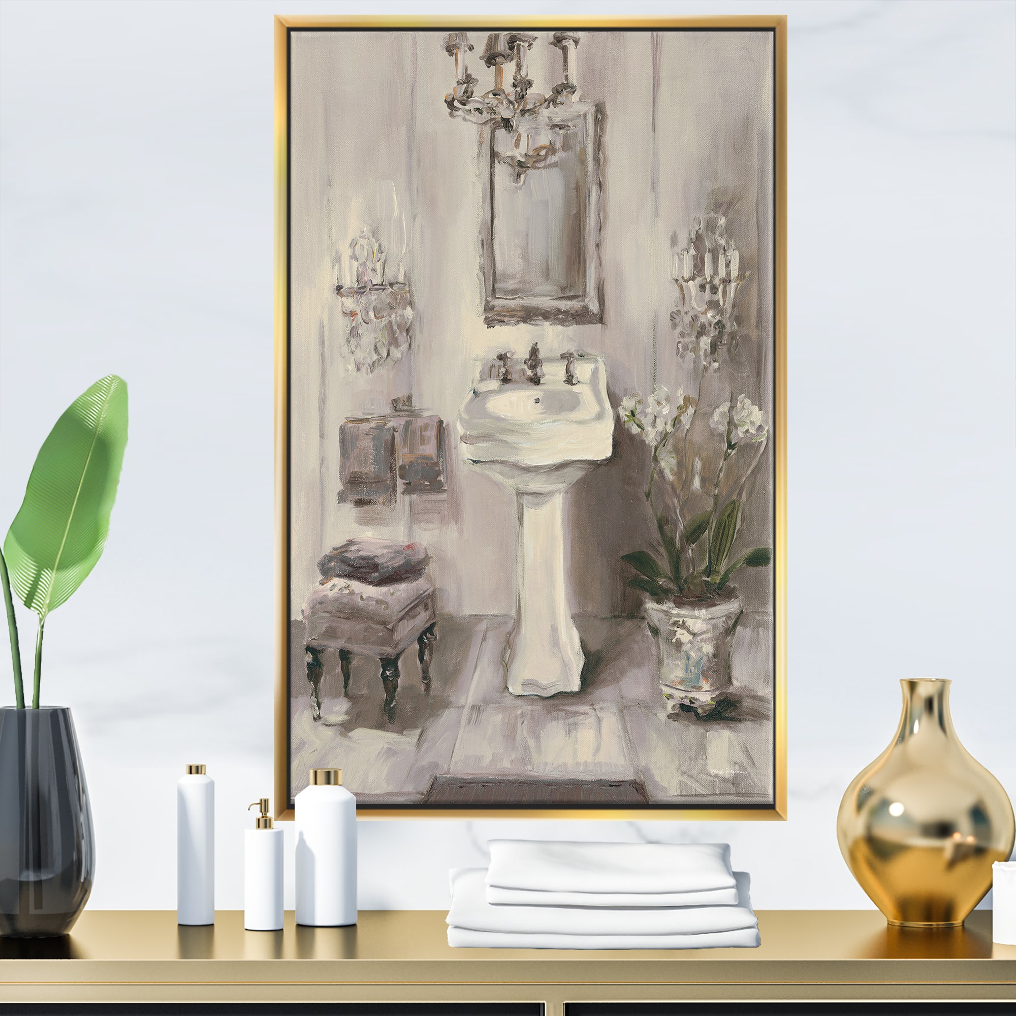 Designart - French Bathroom Vintage II - Traditional Bathroom Canvas in Gold Frame