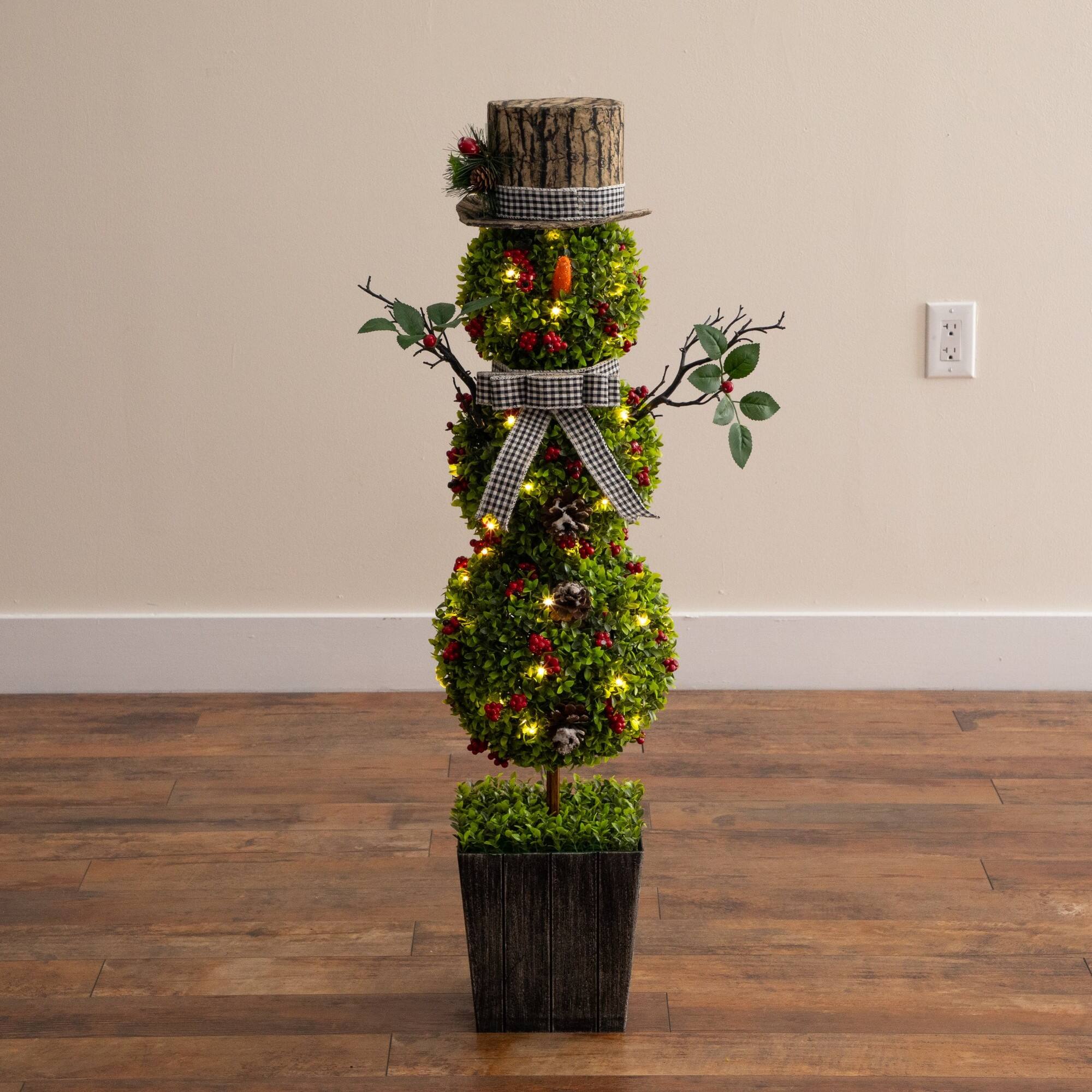 Nearly Natural 3.5ft. Pre-Lit Artificial Christmas Boxwood Snowman Topiary Tree in Decorative Planter