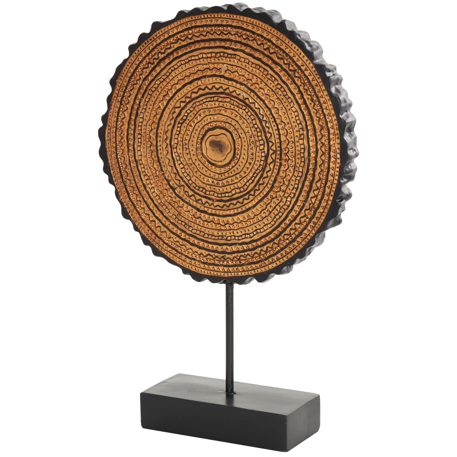 17" Brown Metal Tribal Carved Circular Sculpture with Black Stand & Wavy Edge