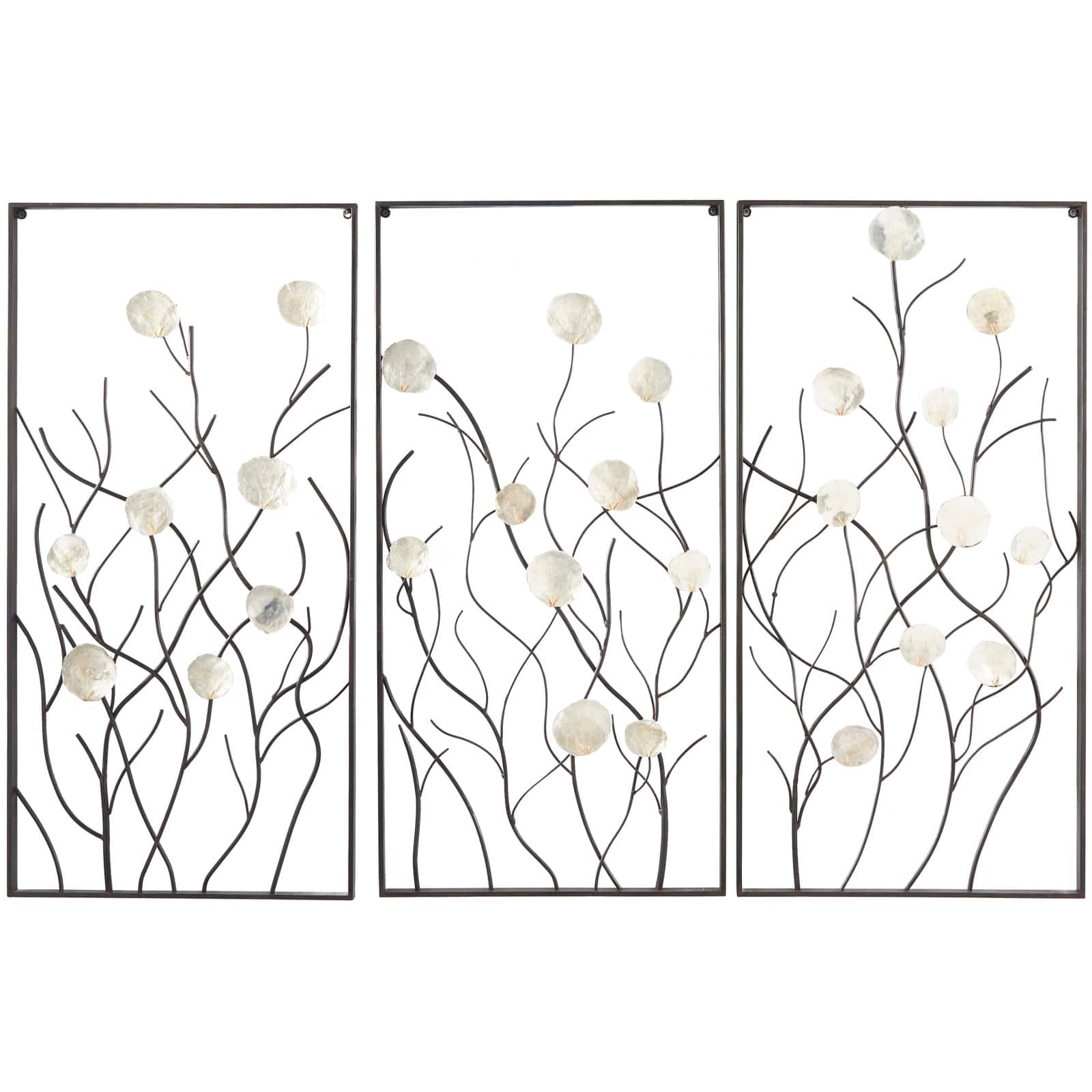 Black Metal Floral Wall Decor with Capiz Accents Set of 3 20", 40"