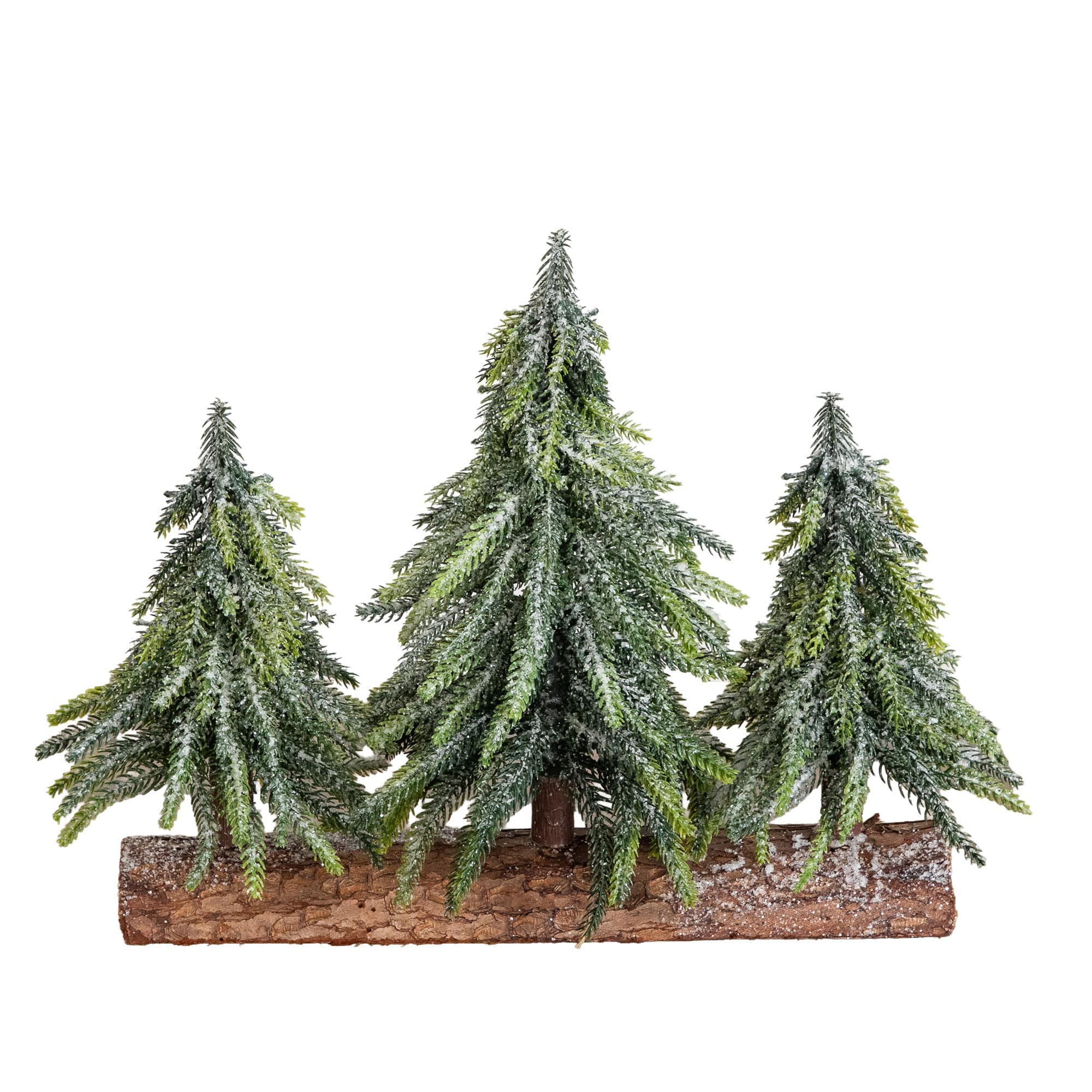 Nearly Natural 11" Unlit Artificial Snowed Downswept Christmas Tree Trio in Rustic Wooden Log Base