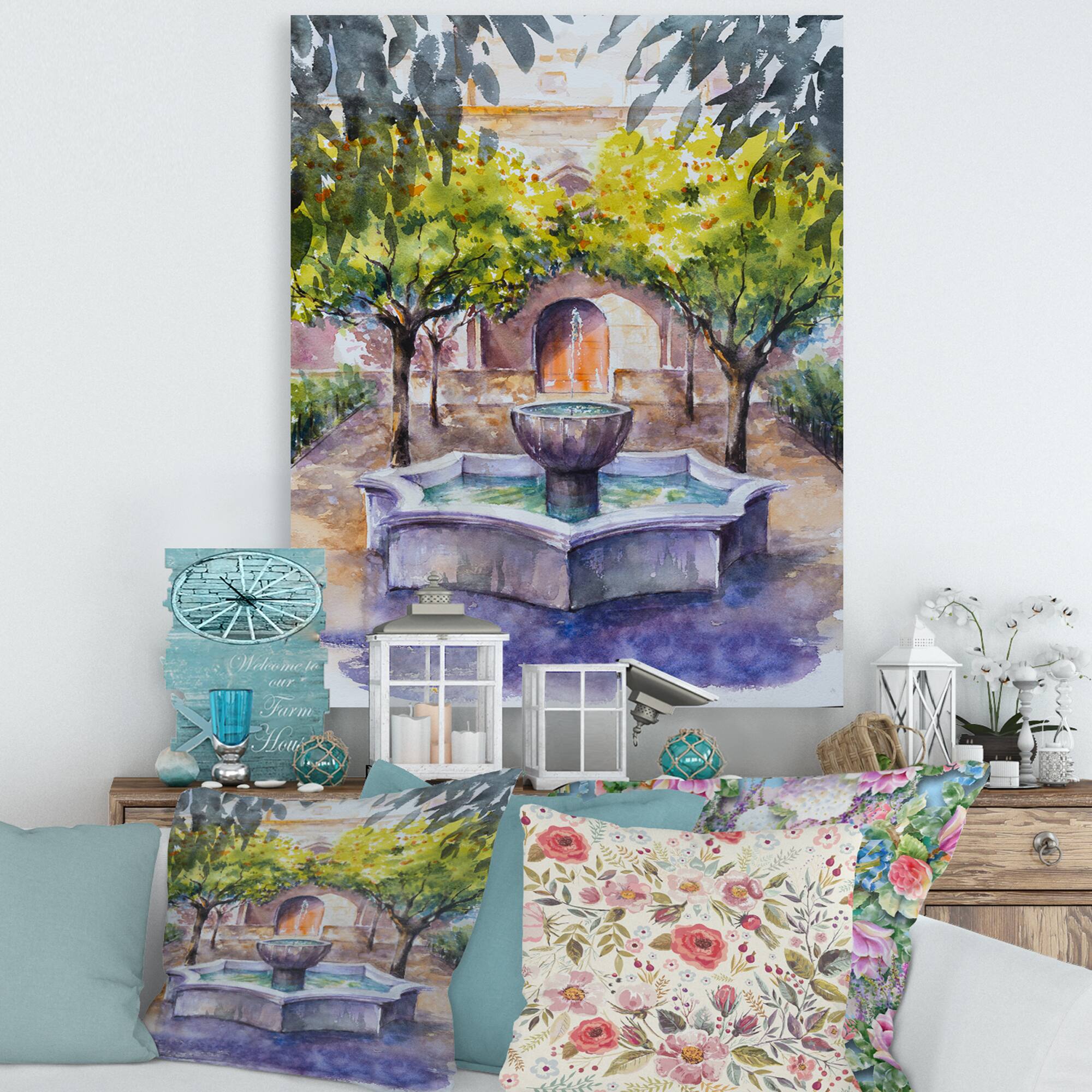 Designart - Small Fountain Picture With Trees In The Village - Country Canvas Wall Art Print