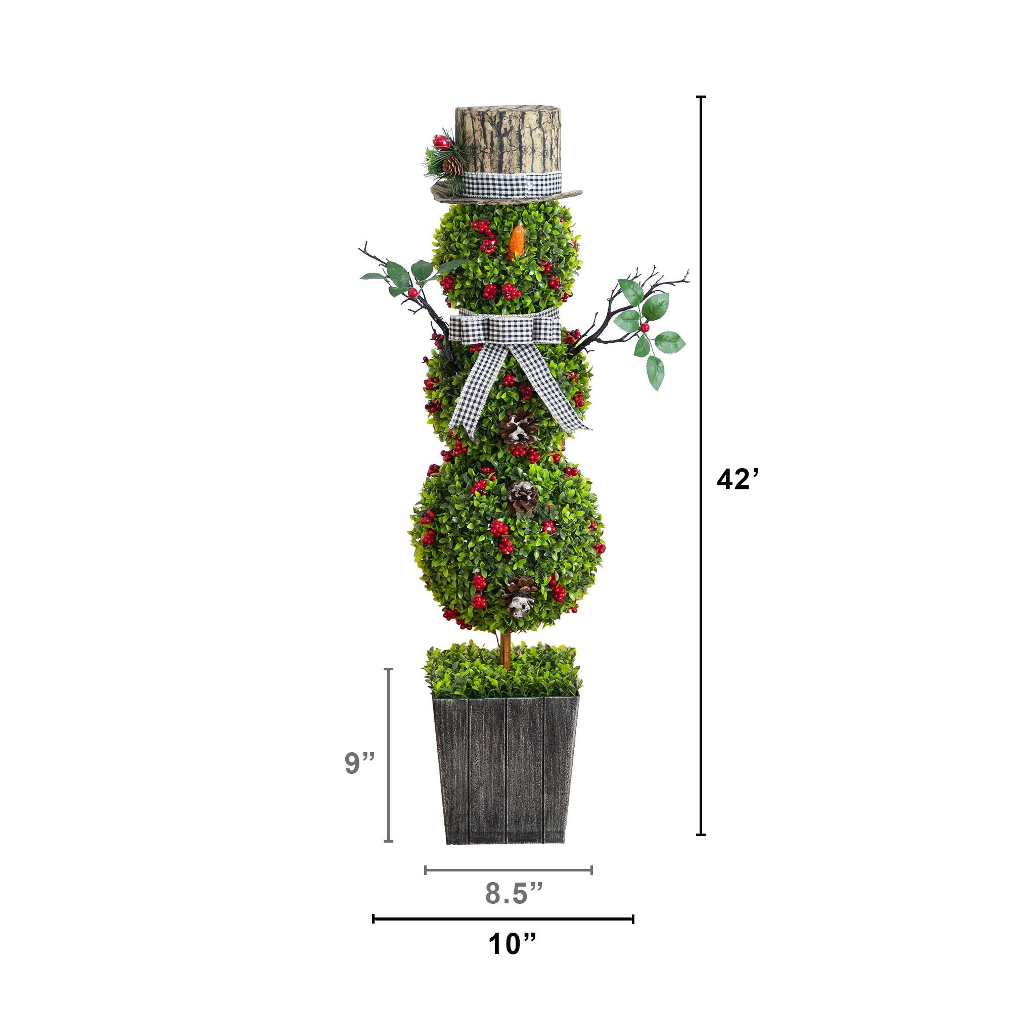 Nearly Natural 3.5ft. Pre-Lit Artificial Christmas Boxwood Snowman Topiary Tree in Decorative Planter