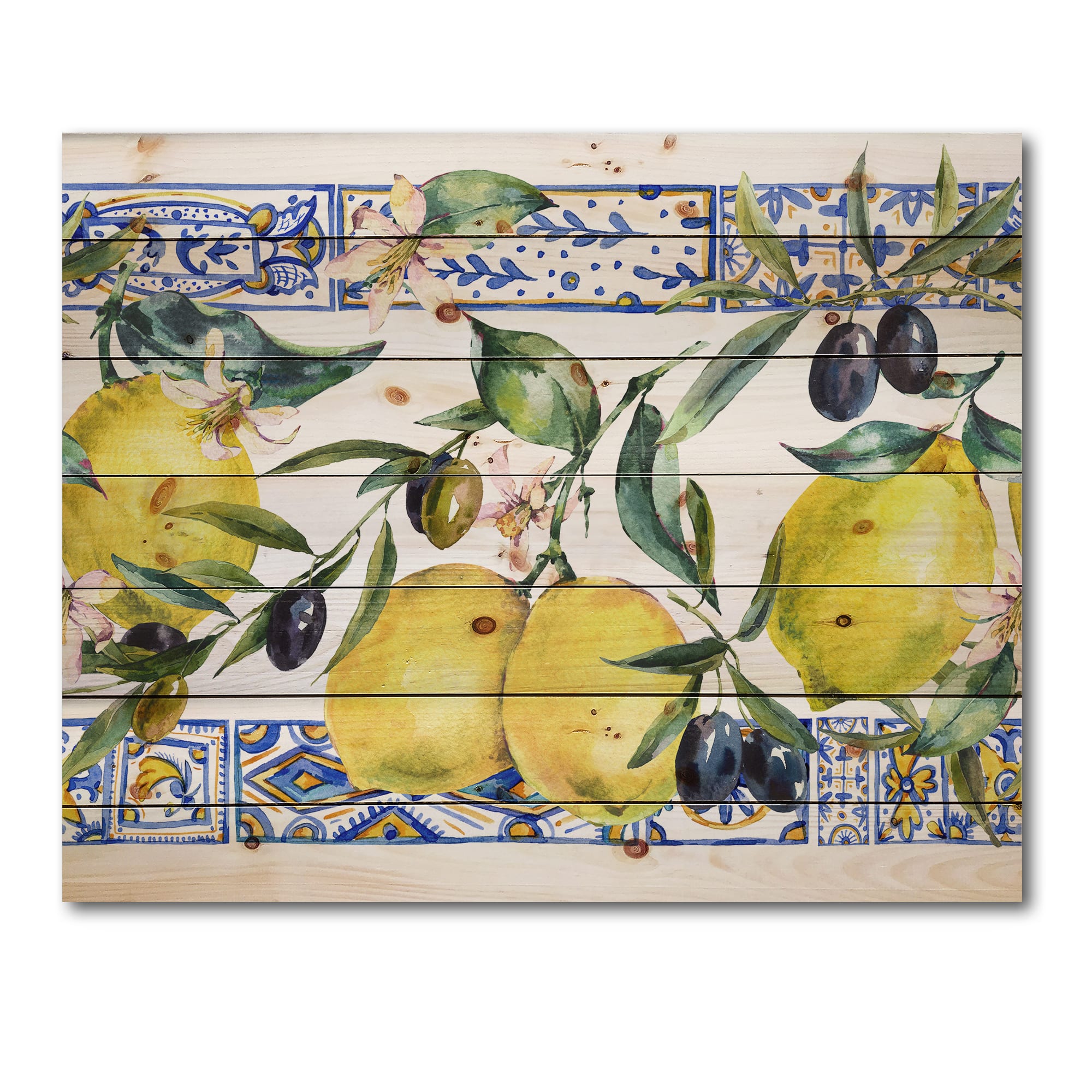 Designart - Lemon Ornament On Blue Geometrical Pattern II - Tropical Print on Natural Pine Wood