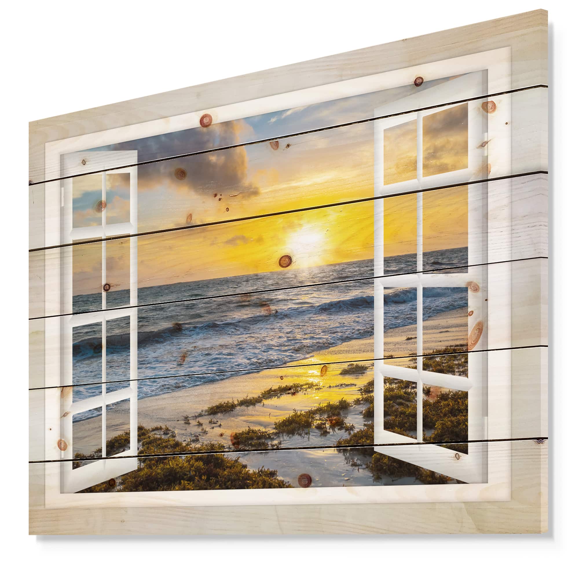 Designart - Open Window to Bright Yellow Sunset - Modern Seascape Print on Natural Pine Wood