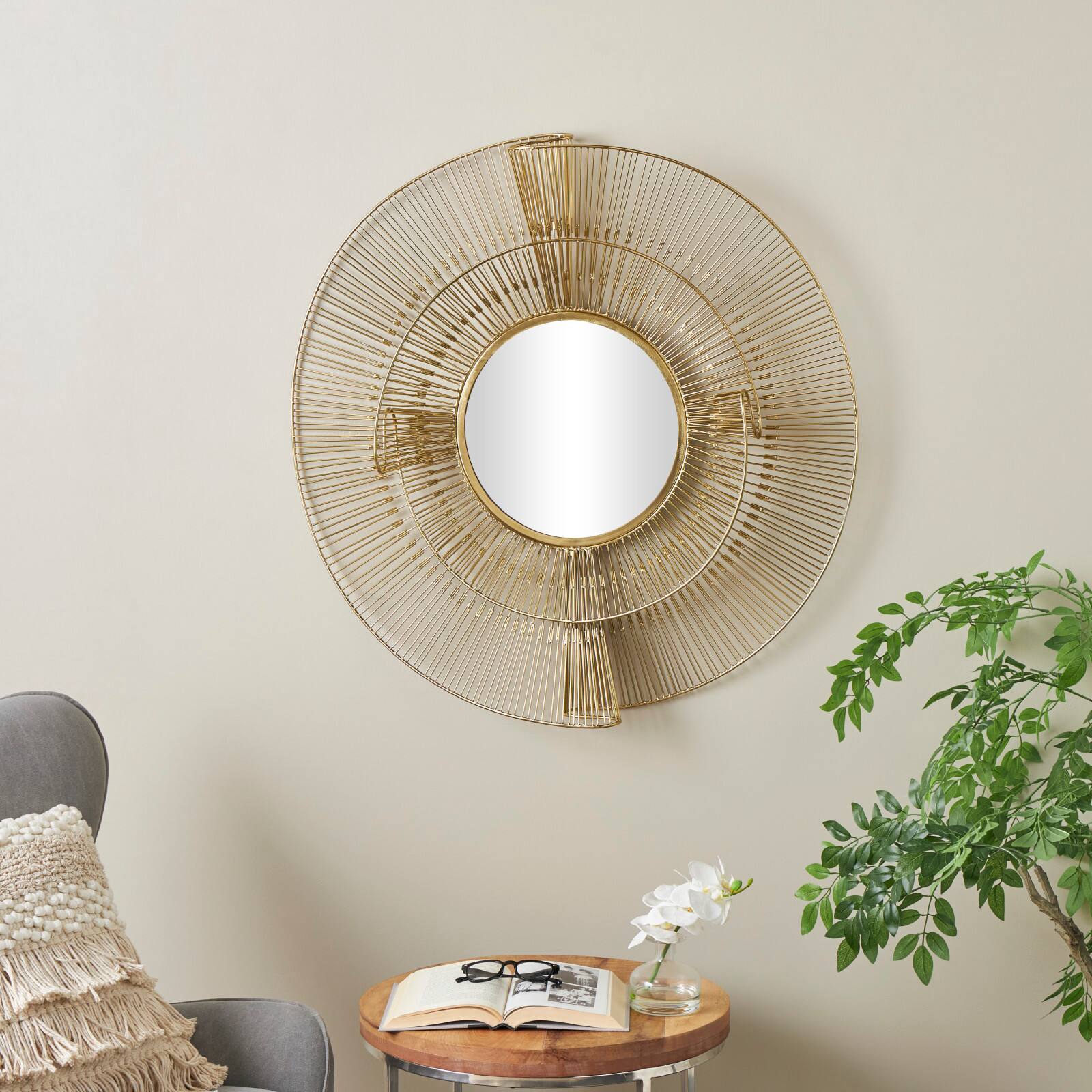 35" Gold Metal Starburst Layered Wall Mirror with Wire Starburst Rays