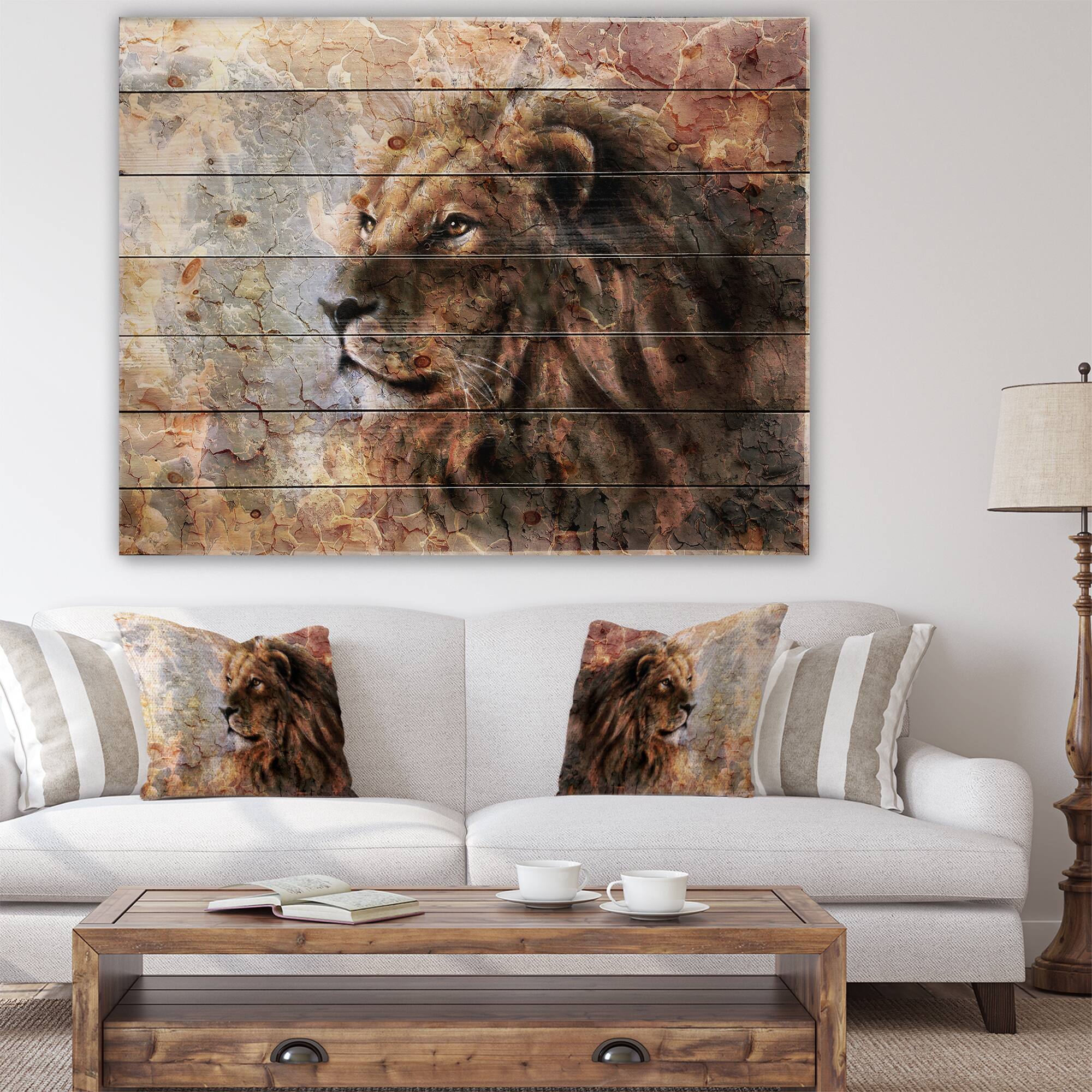 Designart - Peaceful Lion - Animal Art Print on Natural Pine Wood