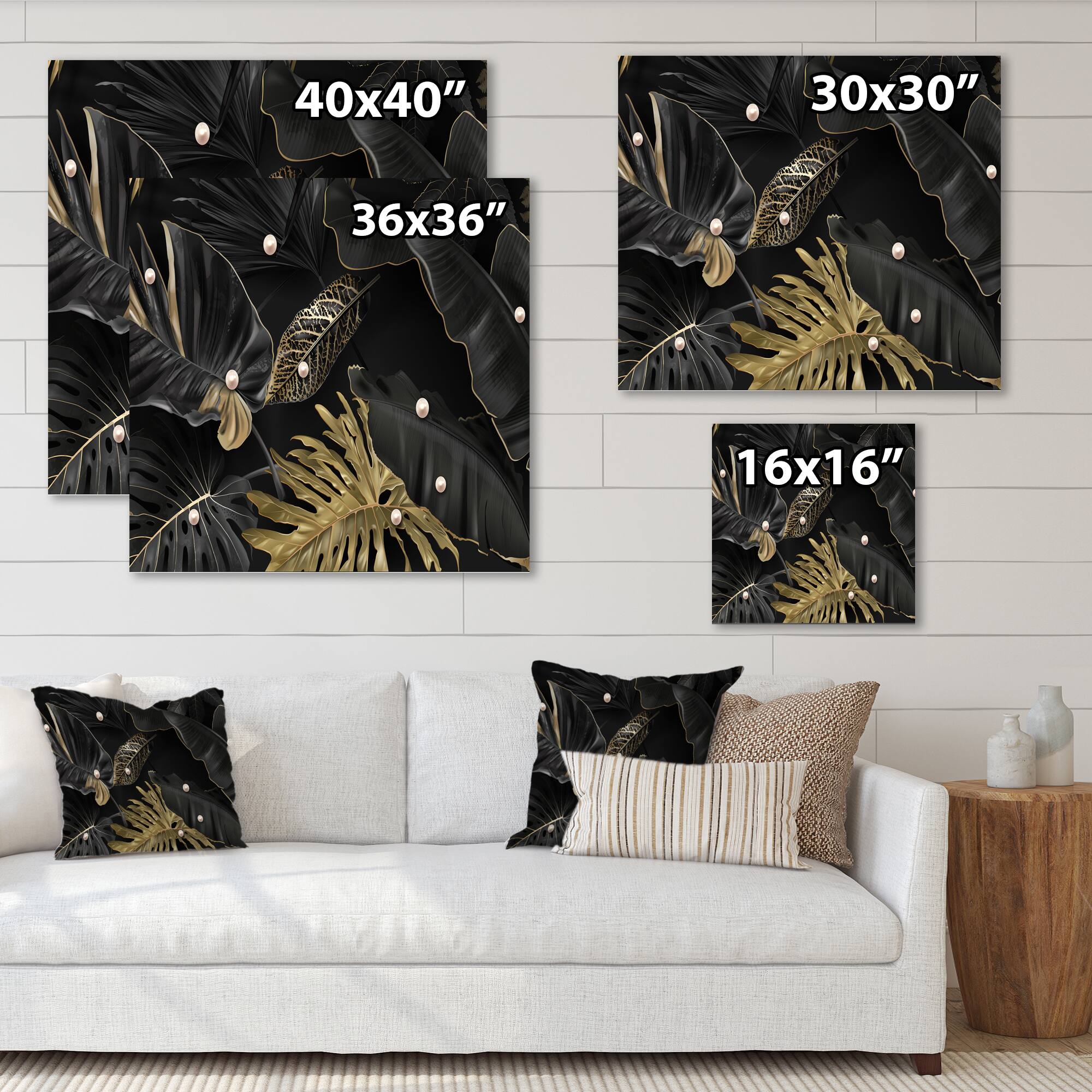 Designart - Black and Gold Tropical Leaves III - Modern Canvas Wall Art Print