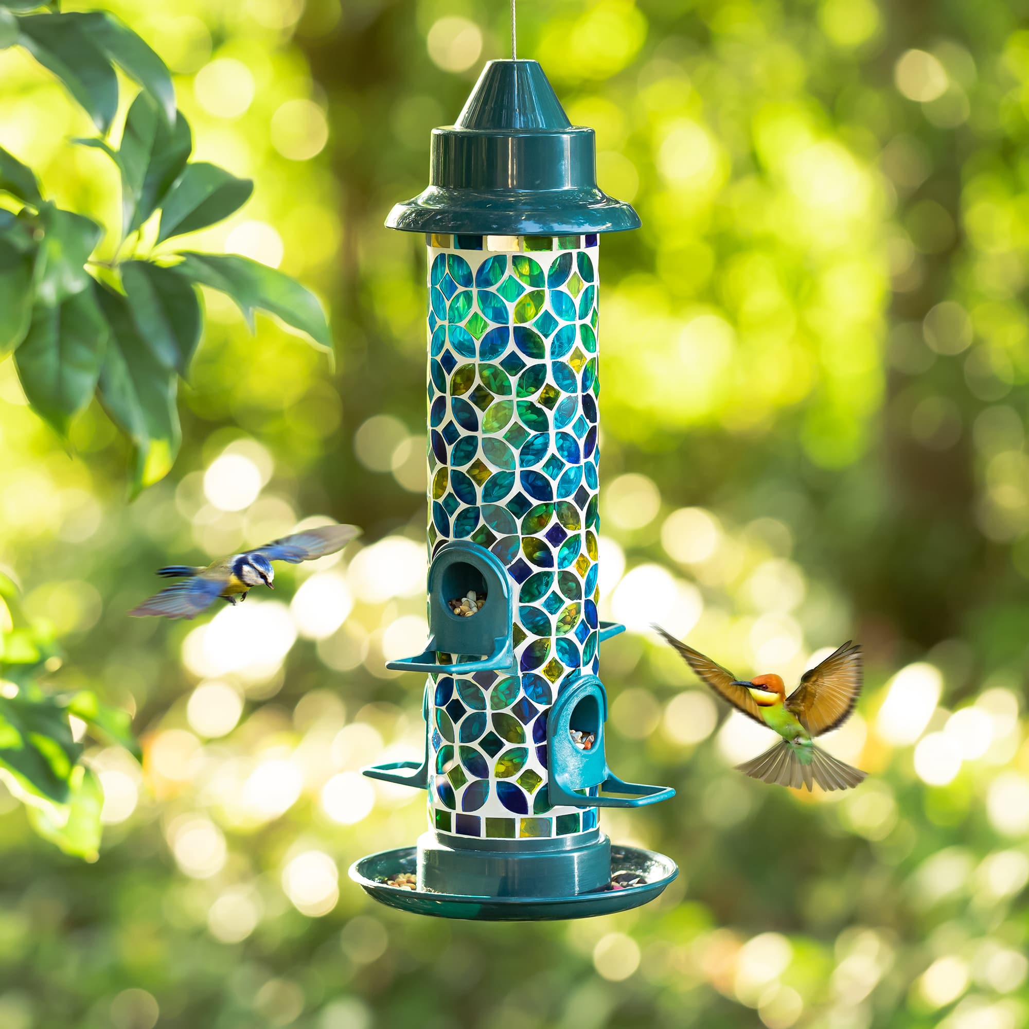 Glitzhome® 20" Tall Blue & Green Mosaic Glass Hanging Bird Feeder