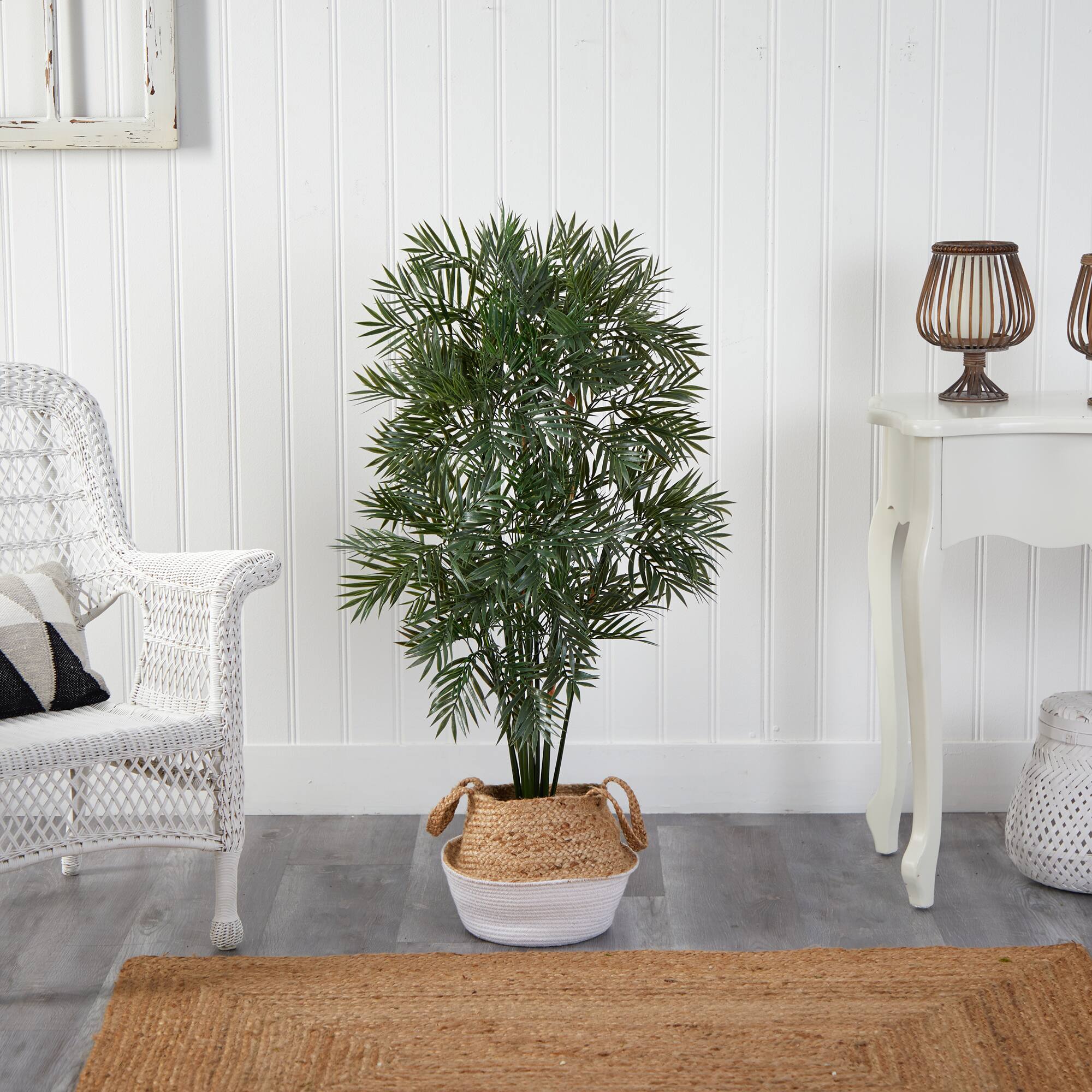 4ft. Parlor Palm Artificial Tree in Boho Chic Handmade Cotton & Jute White Woven Planter