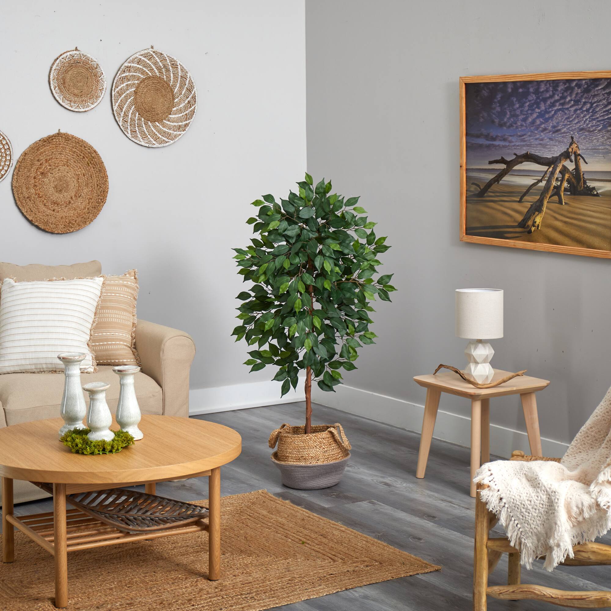 4ft. Ficus Artificial Tree in Boho Chic Handmade Cotton & Jute Gray Woven Planter