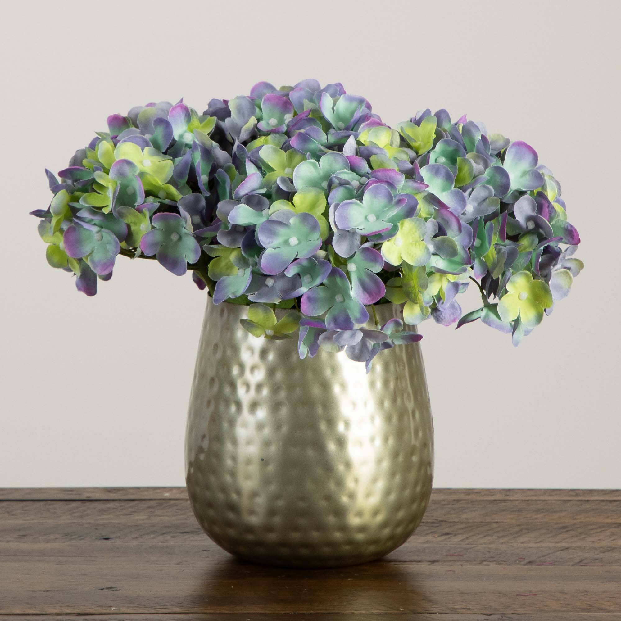 11" Hydrangea Arrangement in Gold Metal Vase