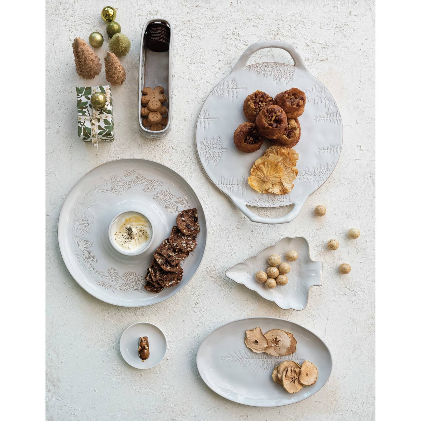 Hello Honey® 16" White Reactive Glaze Debossed Trees Round Stoneware Platter with Handles
