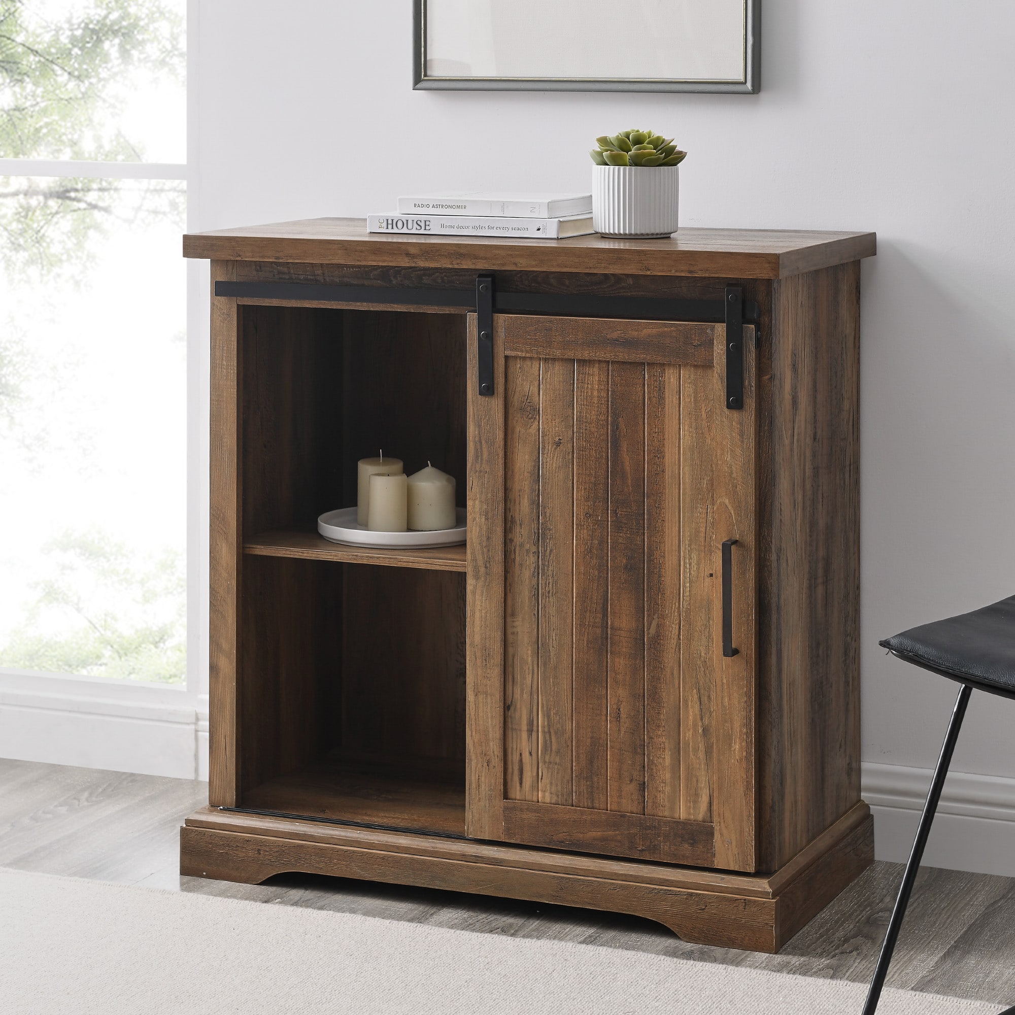Walker Edison 32" Reclaimed Barnwood Sliding Grooved Door Modern Accent Cabinet
