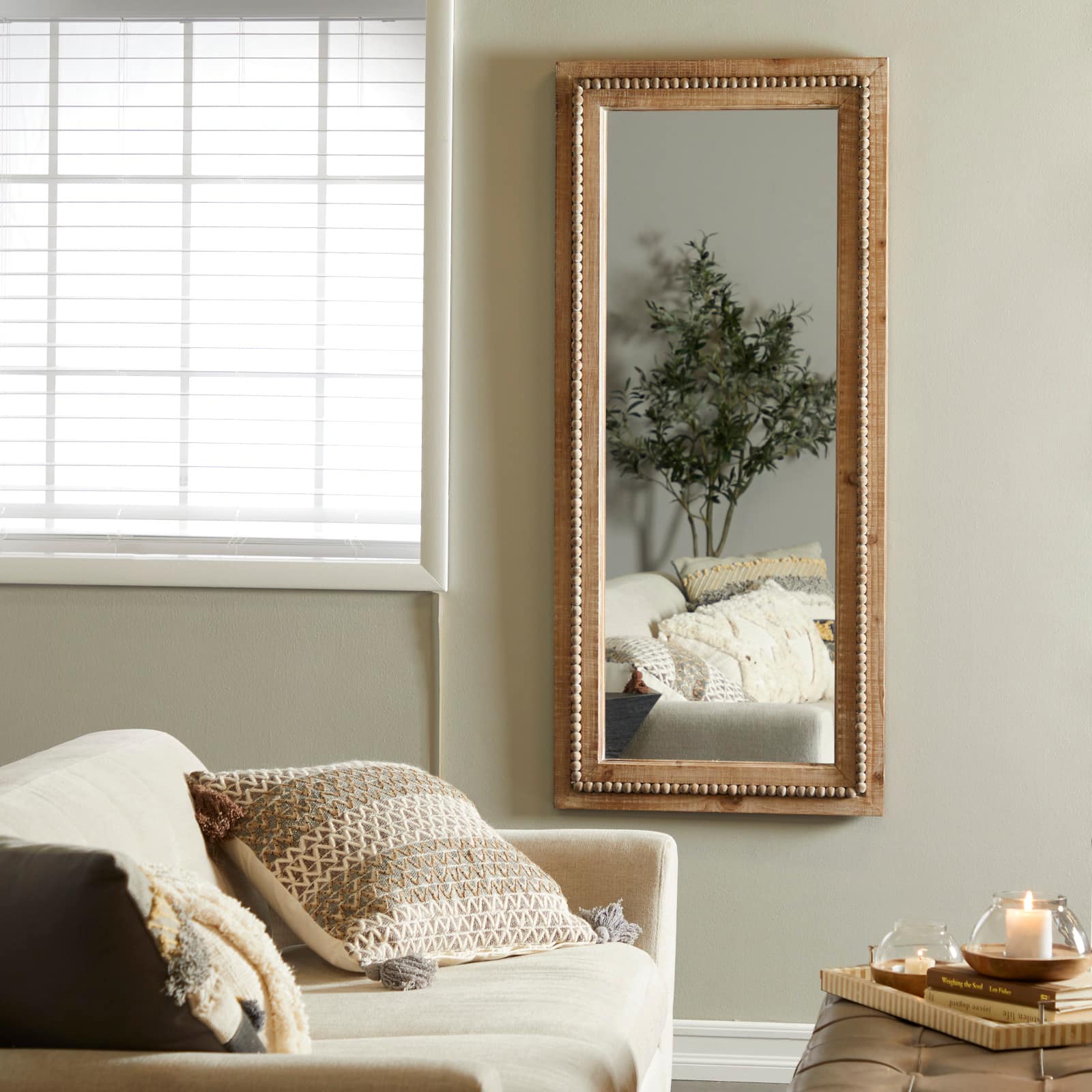 Brown Wood Beaded Frame Wall Mirror with Distressing 24" x 2" x 54"