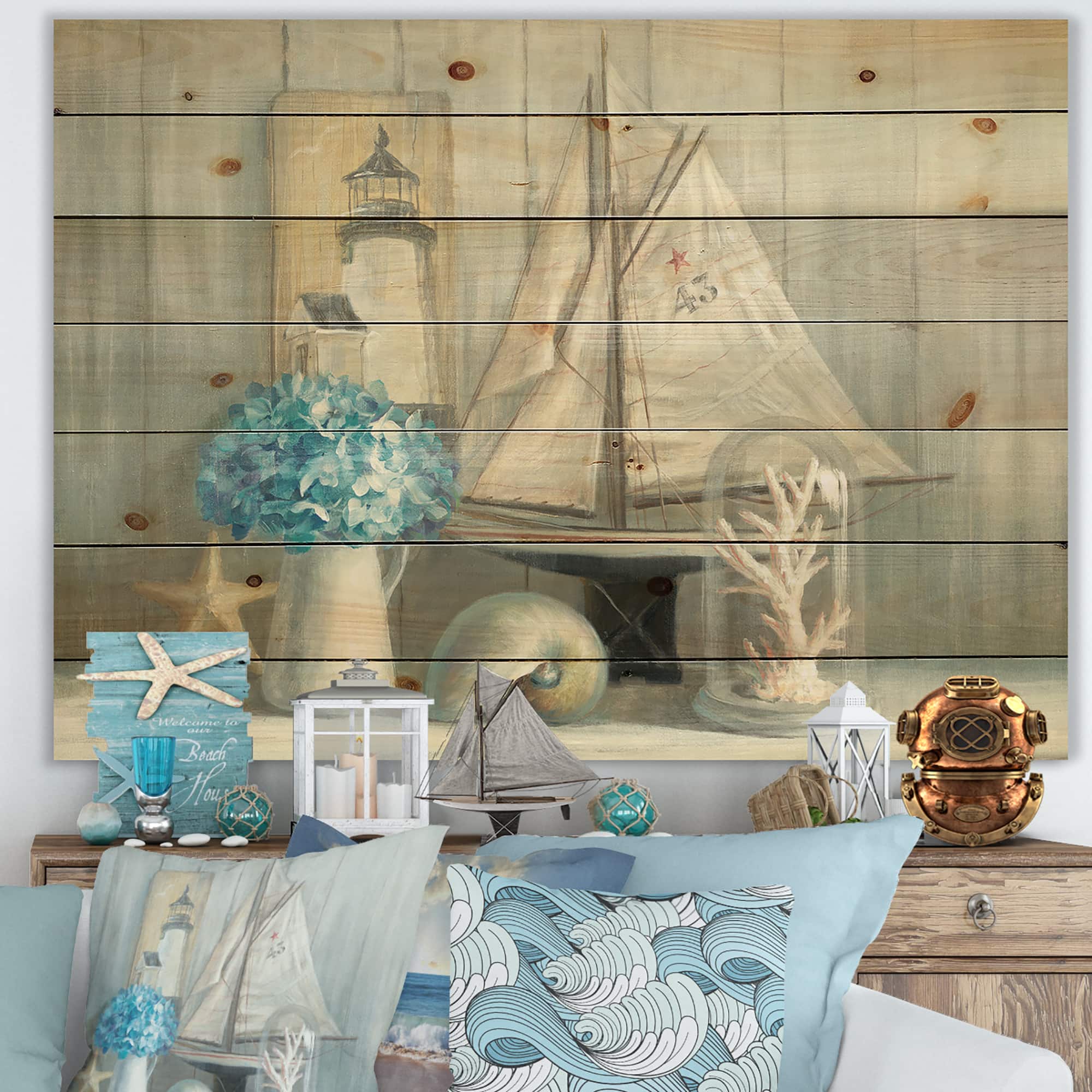 Designart - Summer Nautical House - Nautical & Coastal Print on Natural Pine Wood