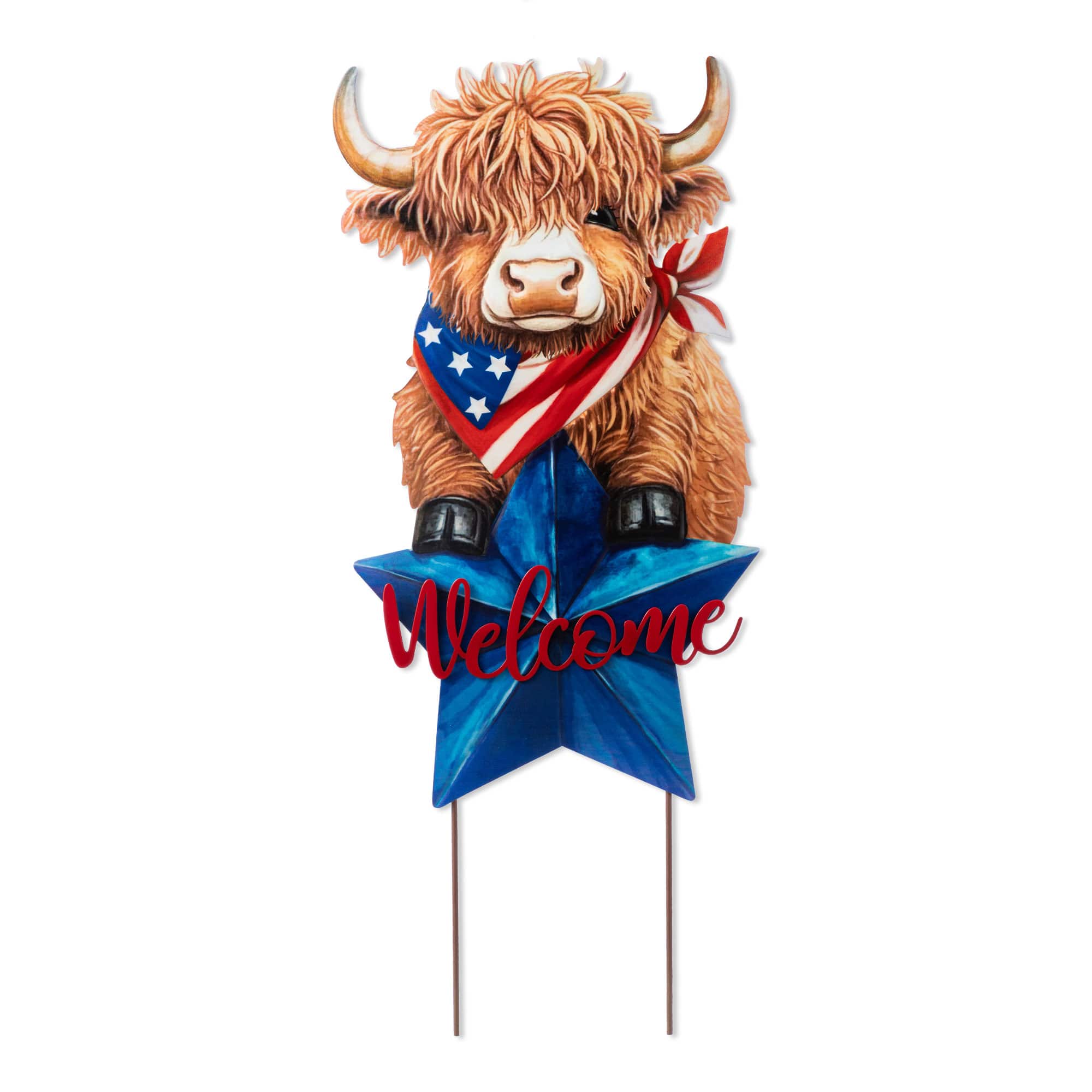 Glitzhome® 30" Patriotic Americana 2-in-1 Metal Highland Cow Garden Yard Stake & Wall Decor