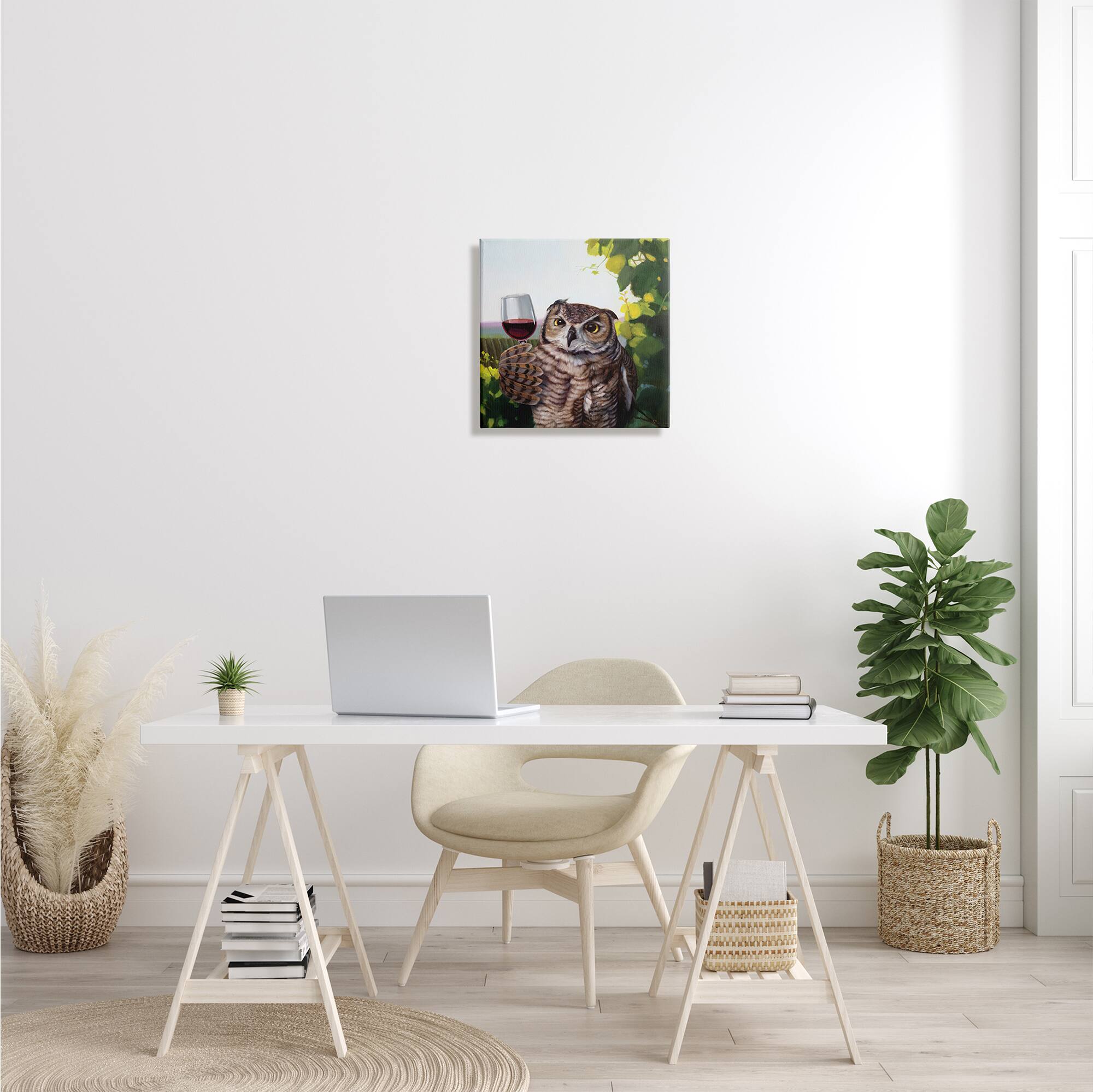 Stupell Industries Great Horned Owl Drinking Red Wine Vineyard Bird Canvas Wall Art