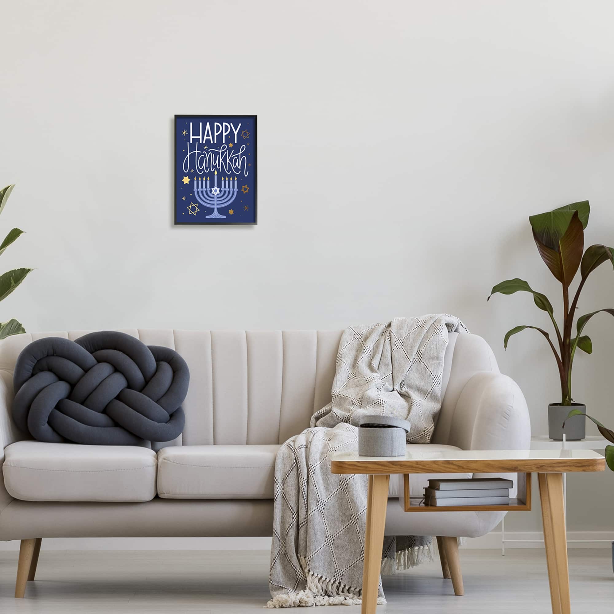 Stupell Industries Happy Hanukkah Blue Menorah Pattern Framed Giclee Art