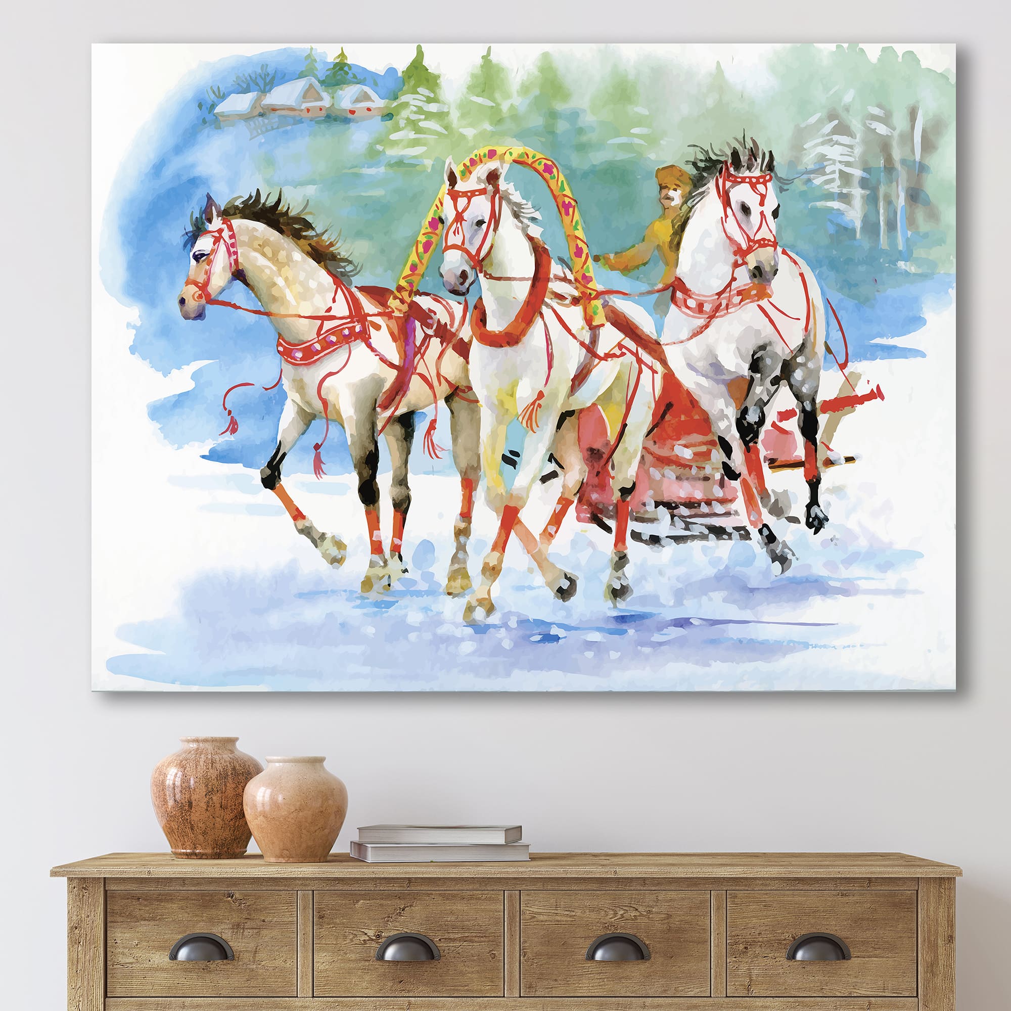 Designart - Galoping Horses With Carriage In The Snow - Farmhouse Canvas Wall Art Print