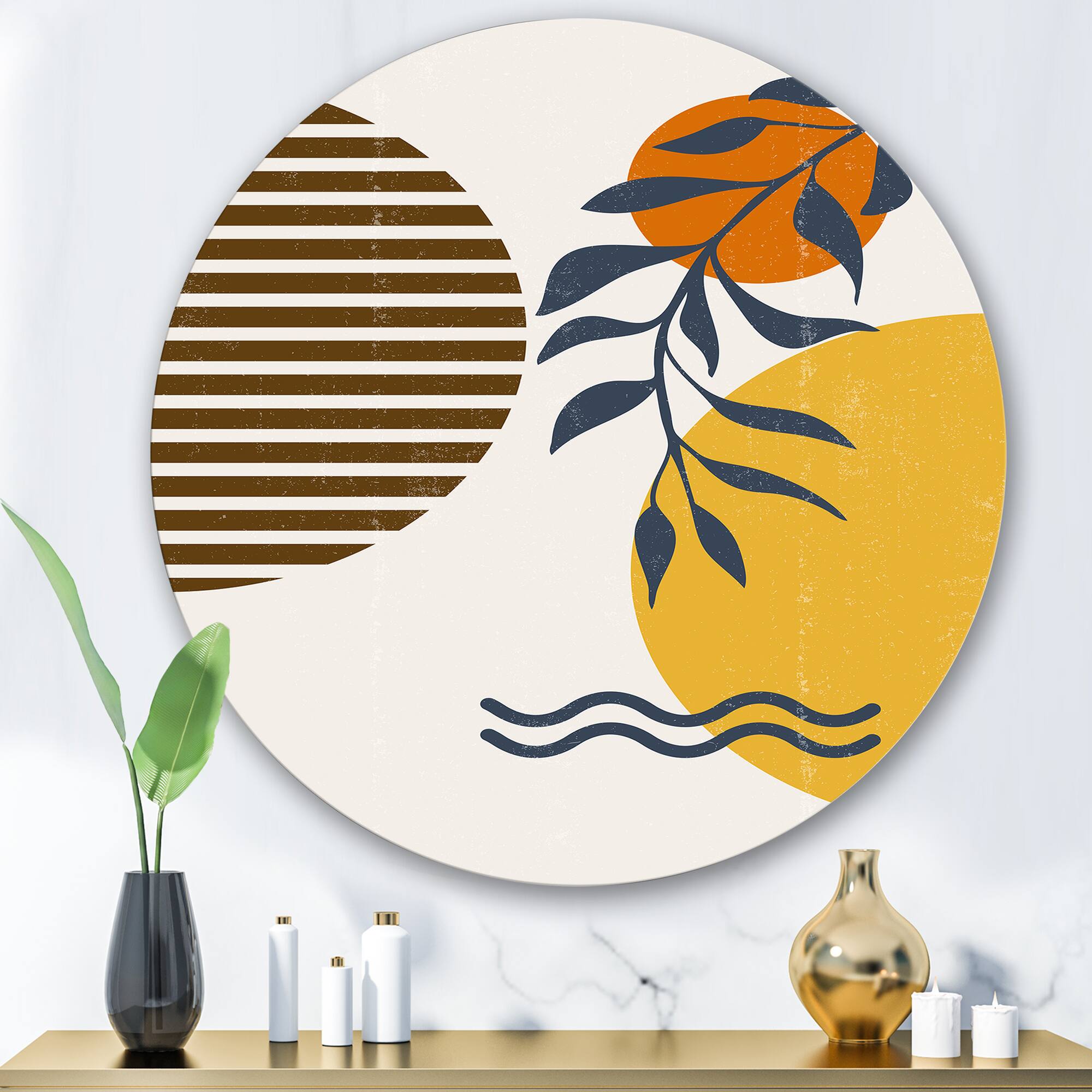 Designart - Botanical Minimalist Leaf With Abstract Shapes I - Modern Metal Circle Wall Art