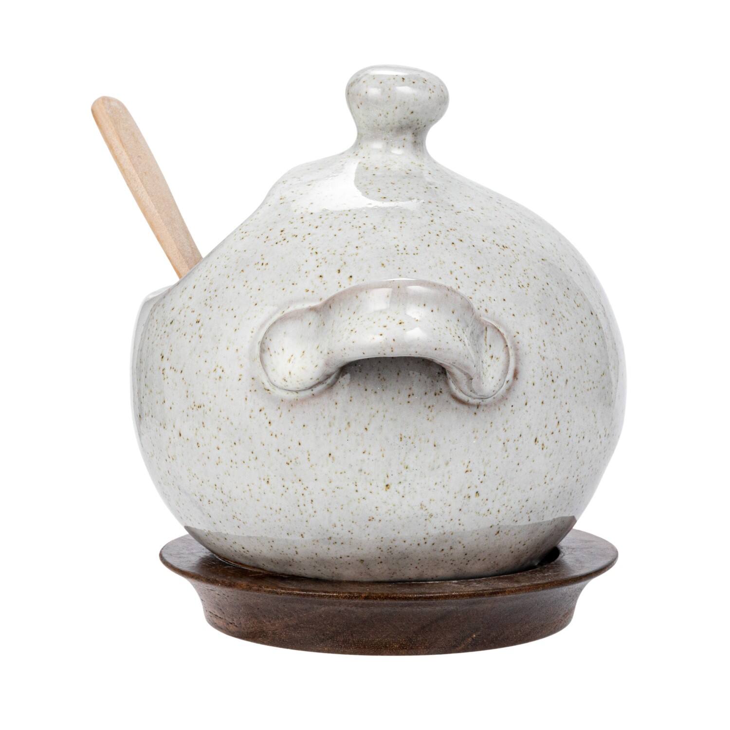 Hello Honey® 5.5" Cream Stoneware Salt Jar with Wood Spoon & Coaster