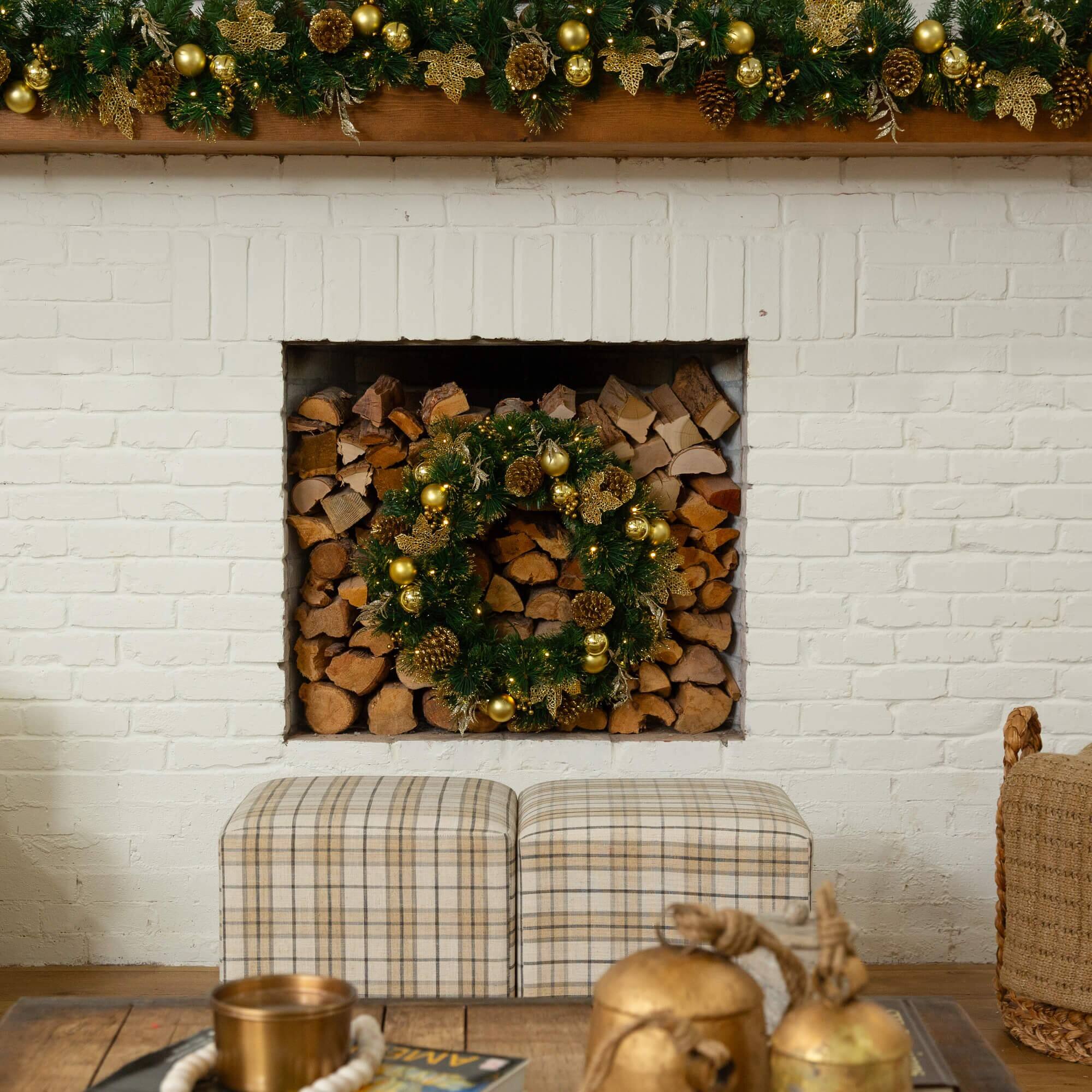 24in. Pre-Lit Artificial Golden Frosted Christmas Wreath with 50 Warm White LED Lights Pinecones, Berries and Ornaments