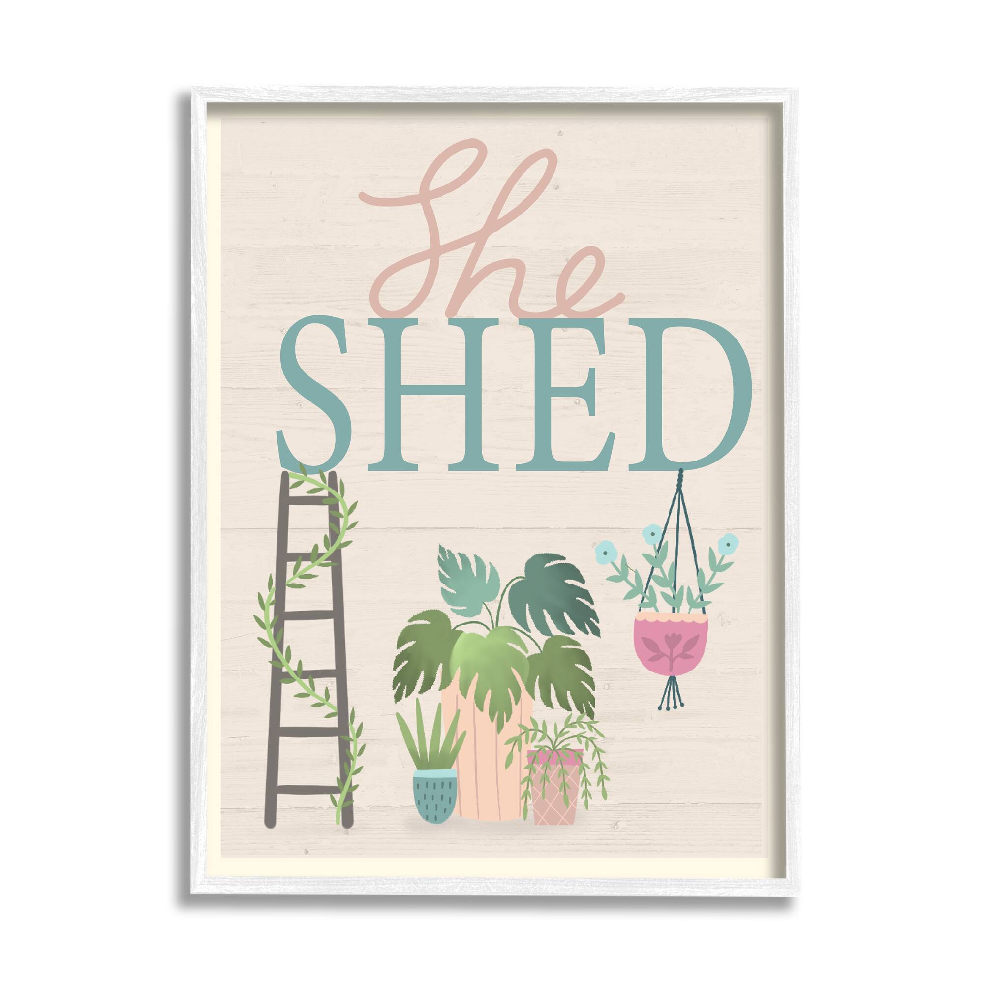 Stupell Industries She Shed Sign Tropical Plants Ladder and Green Vines in White Frame Wall Art