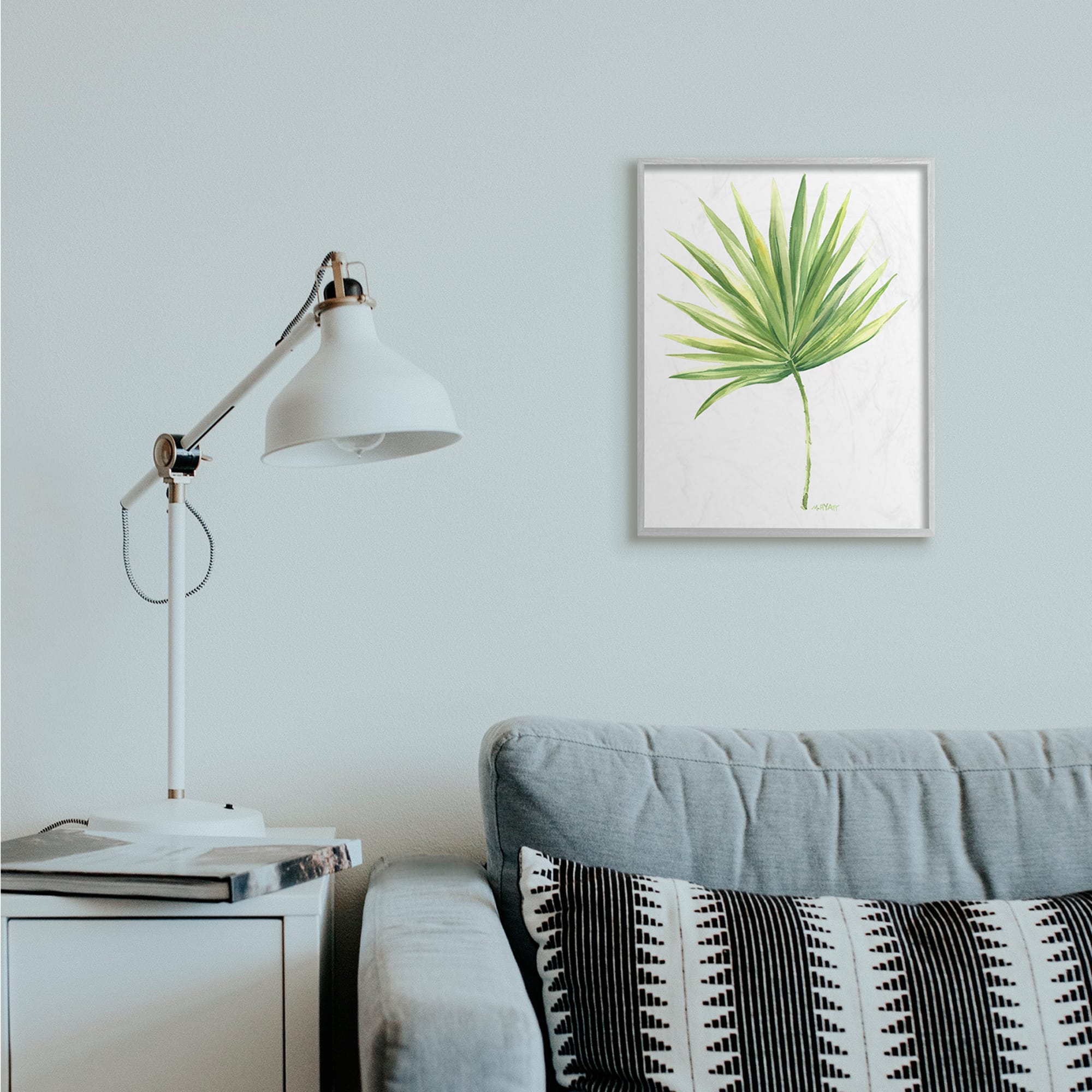 Stupell Industries Tropical Green Palm Fan Minimal on White in Gray Frame Wall Art