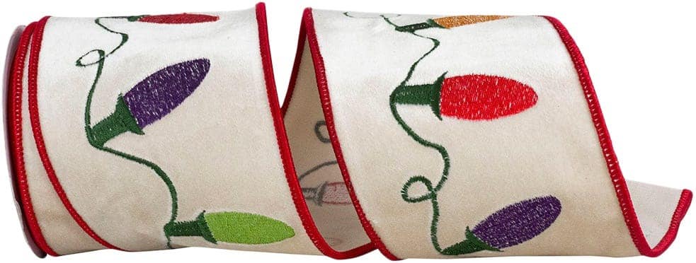 JAM Paper 4" x 5yd. Multicolor Christmas Lights Embroidered Plush Velvet Wired Edge Ribbon