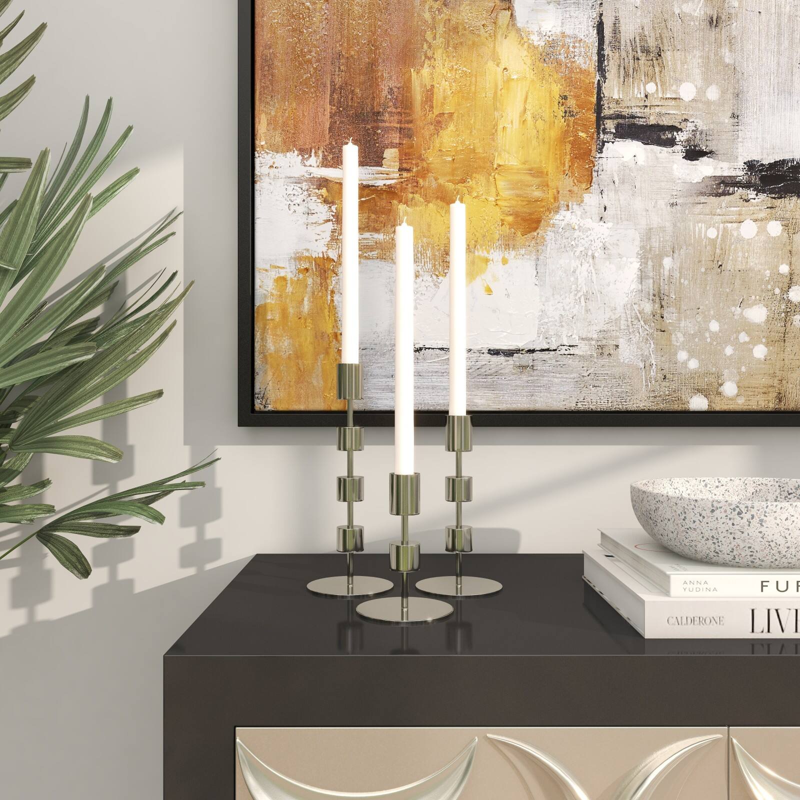 Silver Aluminum Floating Block Abstract Candle Holder with Rounded Base Set