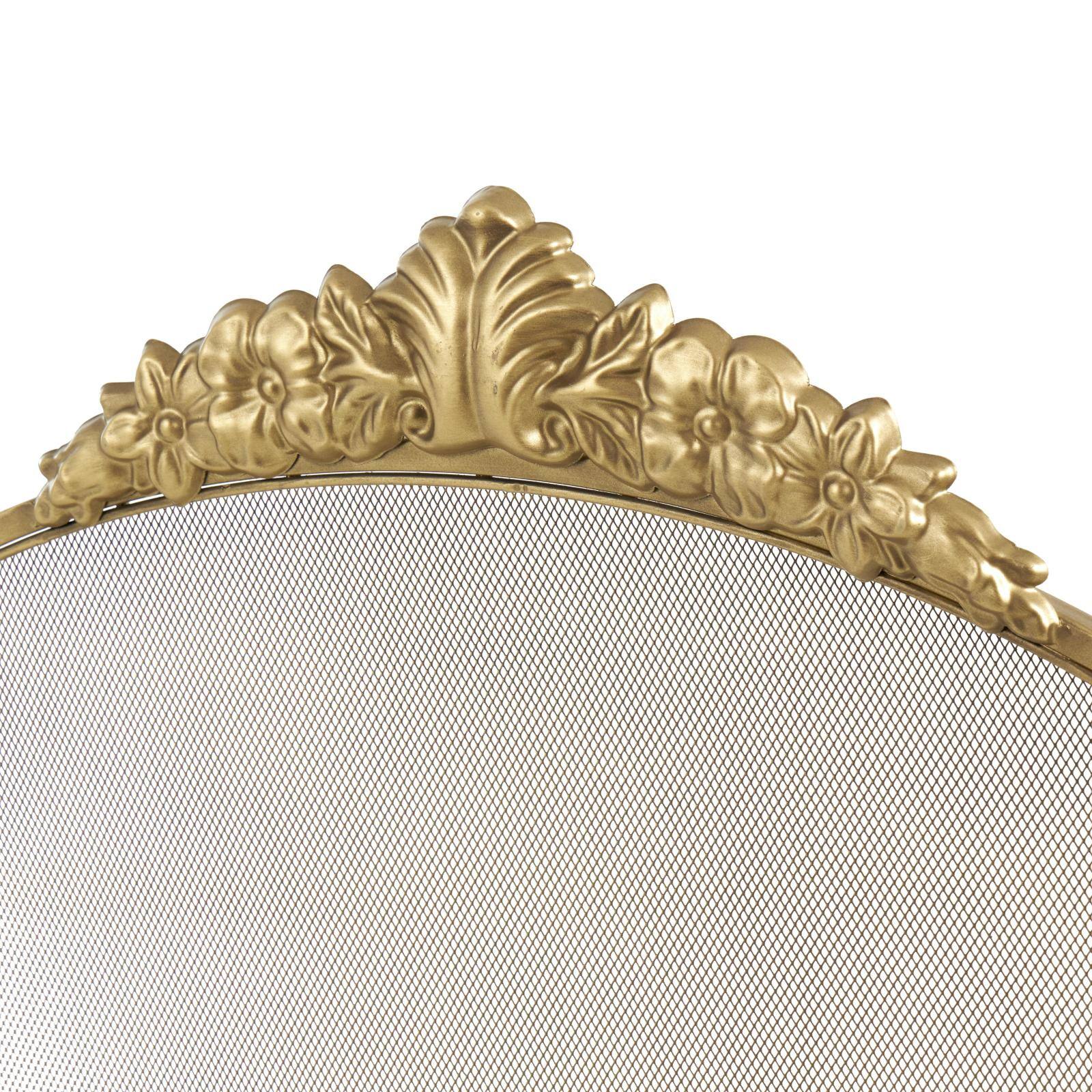 29" x 14" x 30" Gold Metal Floral Ornate Antique Arched 3 Panel Living Room Fireplace Screen with Finial Accents