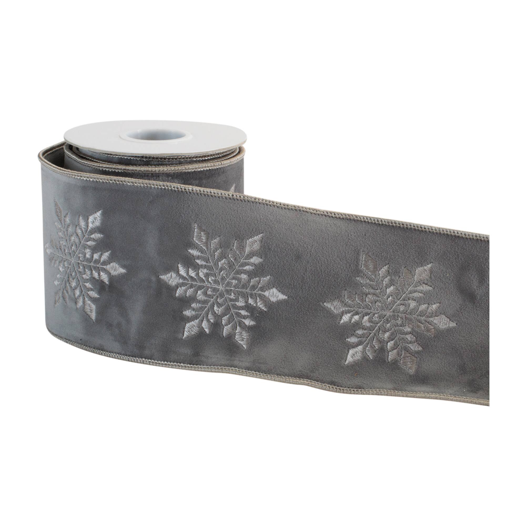 Melrose 4" x 5yd. Gray Snowflake Wired Ribbon
