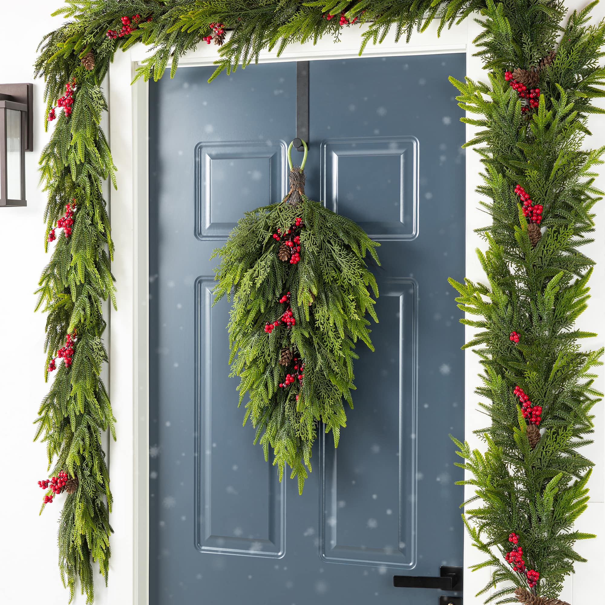 Glitzhome® 31.5" Christmas Greenery PE Dripping Teardrop with Pinecones and Red Berries,Set of 2