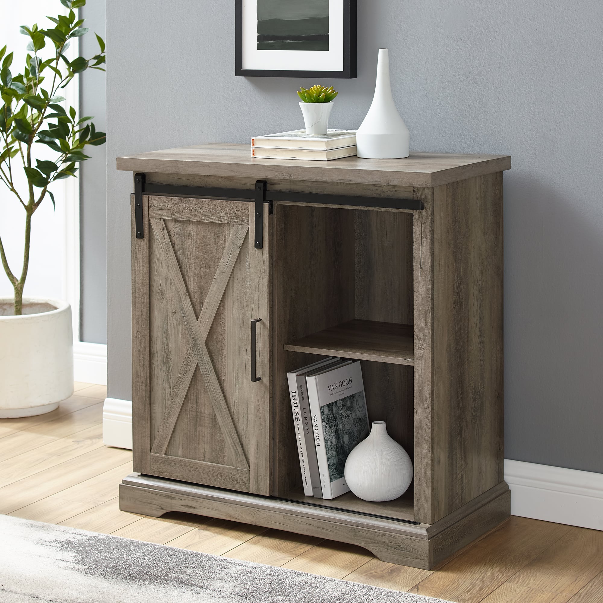 Walker Edison 32" Grey Wash Sliding Barn Door Farmhouse Accent Cabinet