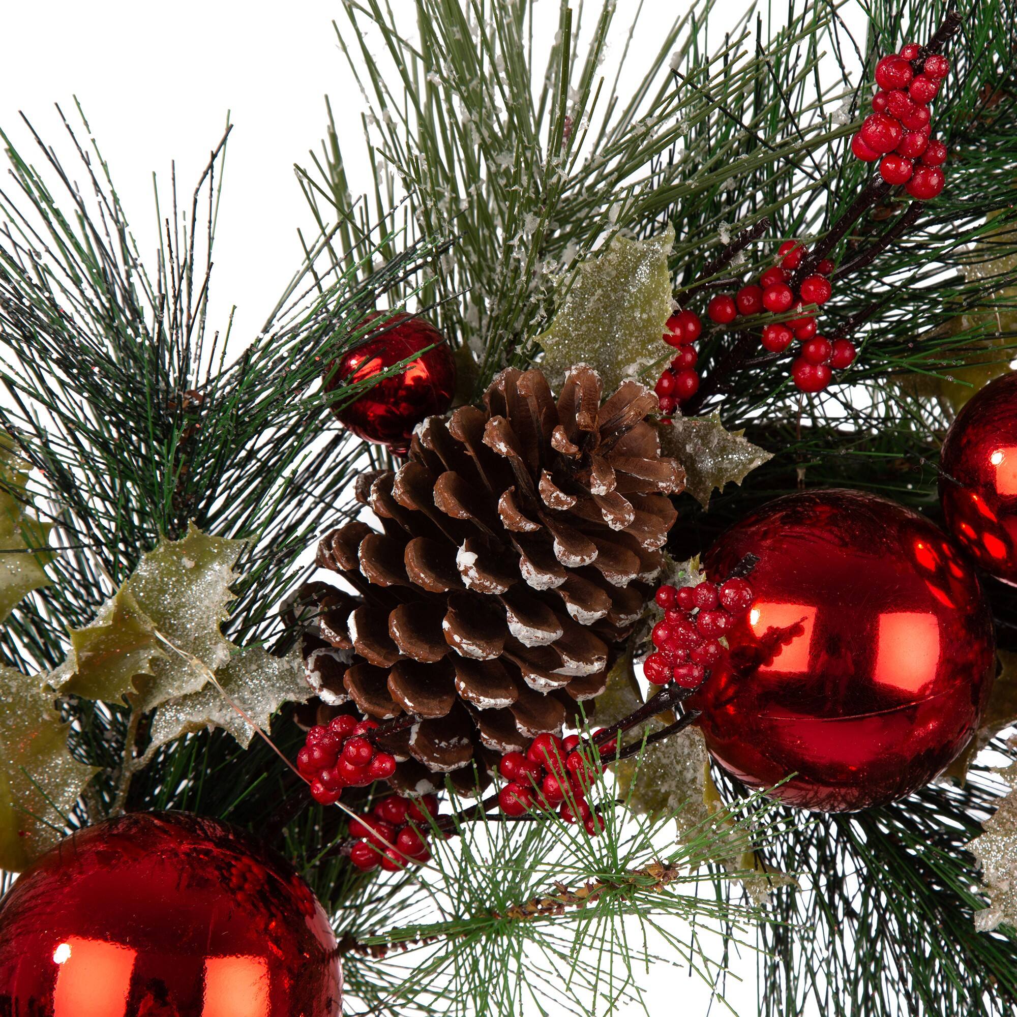 Glitzhome® 24" Pre-Lit Berry, Holly, Pinecone & Red Ornament LED Wreath