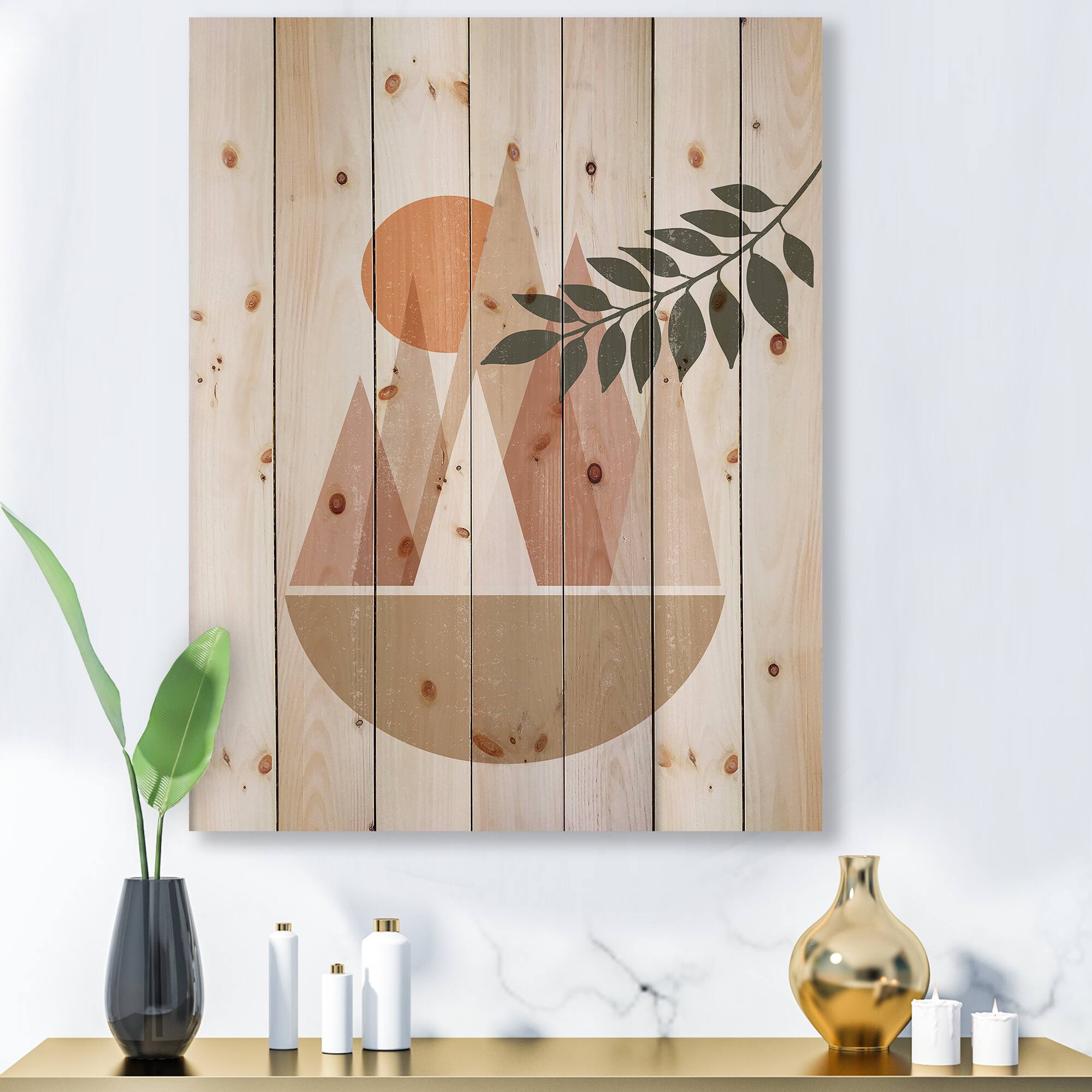Designart - Abstract Sun and Moon In Mountains II - Modern Print on Natural Pine Wood