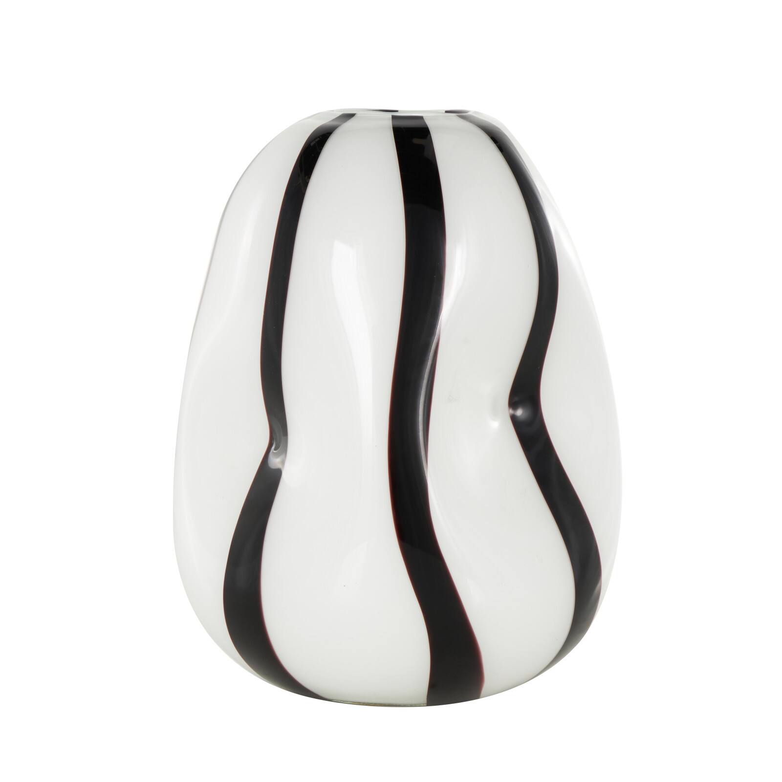 12" White & Black Stripes Glass Round Concaved Vase