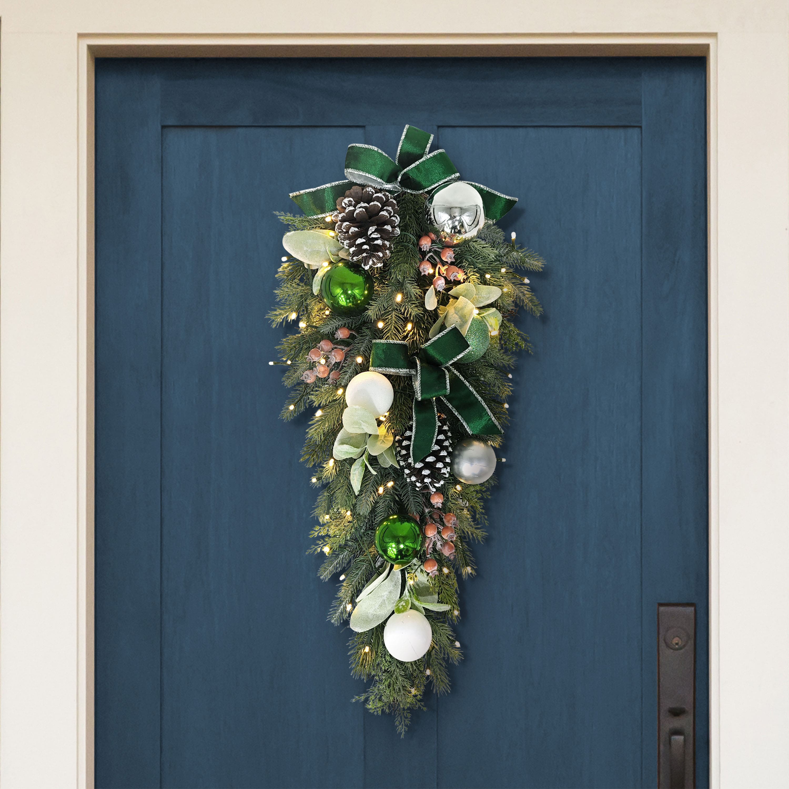 28" Pre-Lit Green & Silver Adorned Artificial Swag