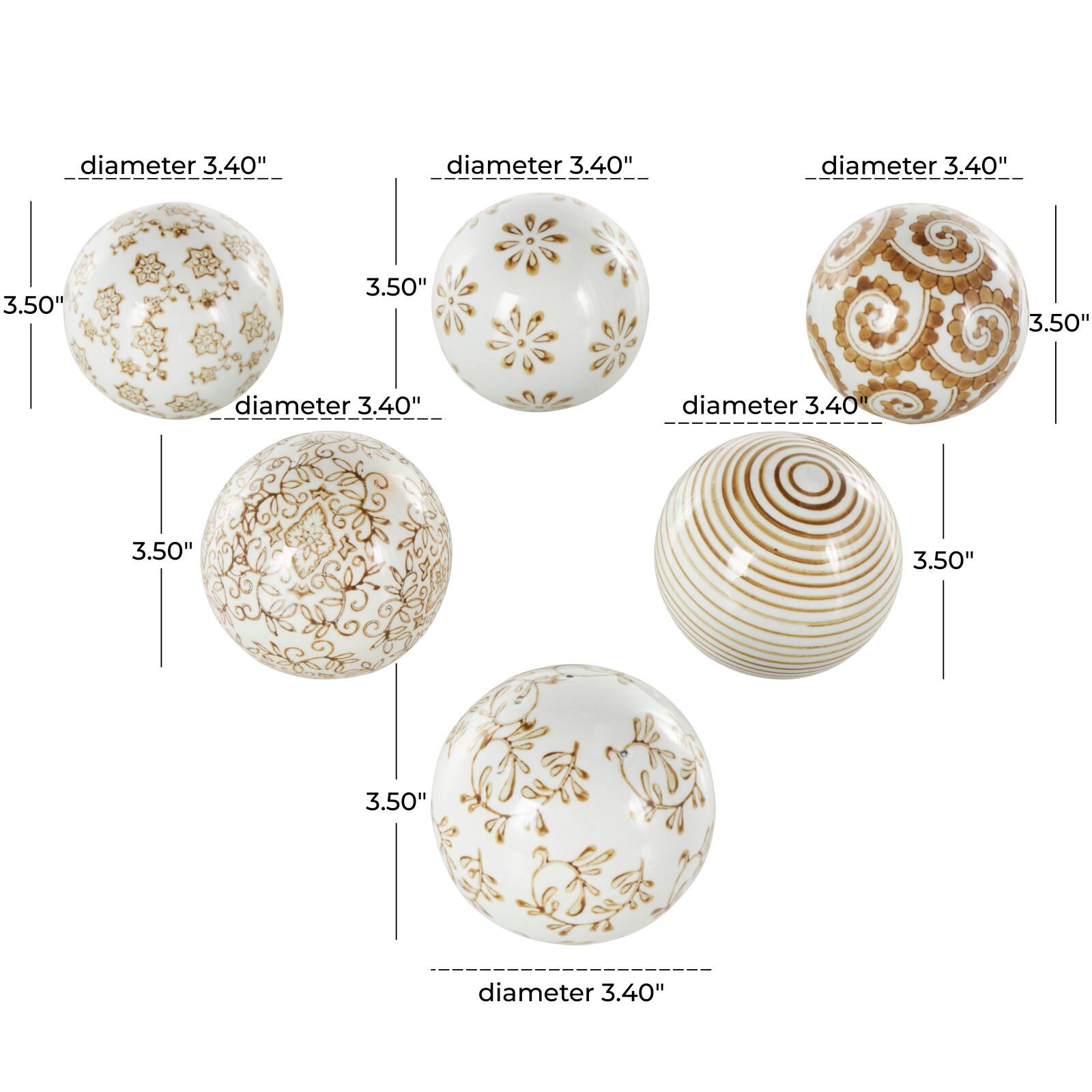 3.5" White & Brown Floral Ceramic Decorative Ball Orbs Set