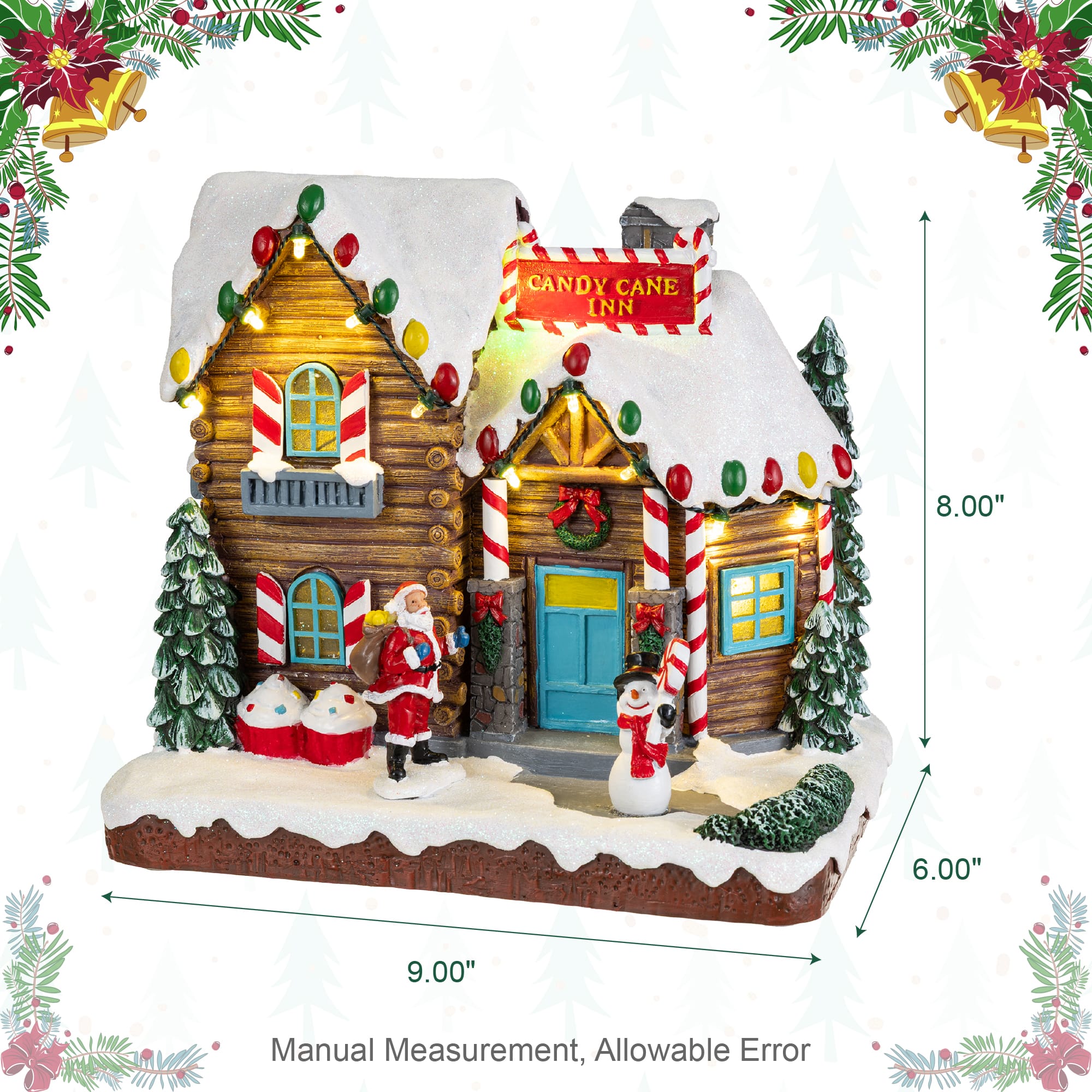 Glitzhome® 9" Lighted Christmas Candy Cane Inn Musical Resin Village with Timer