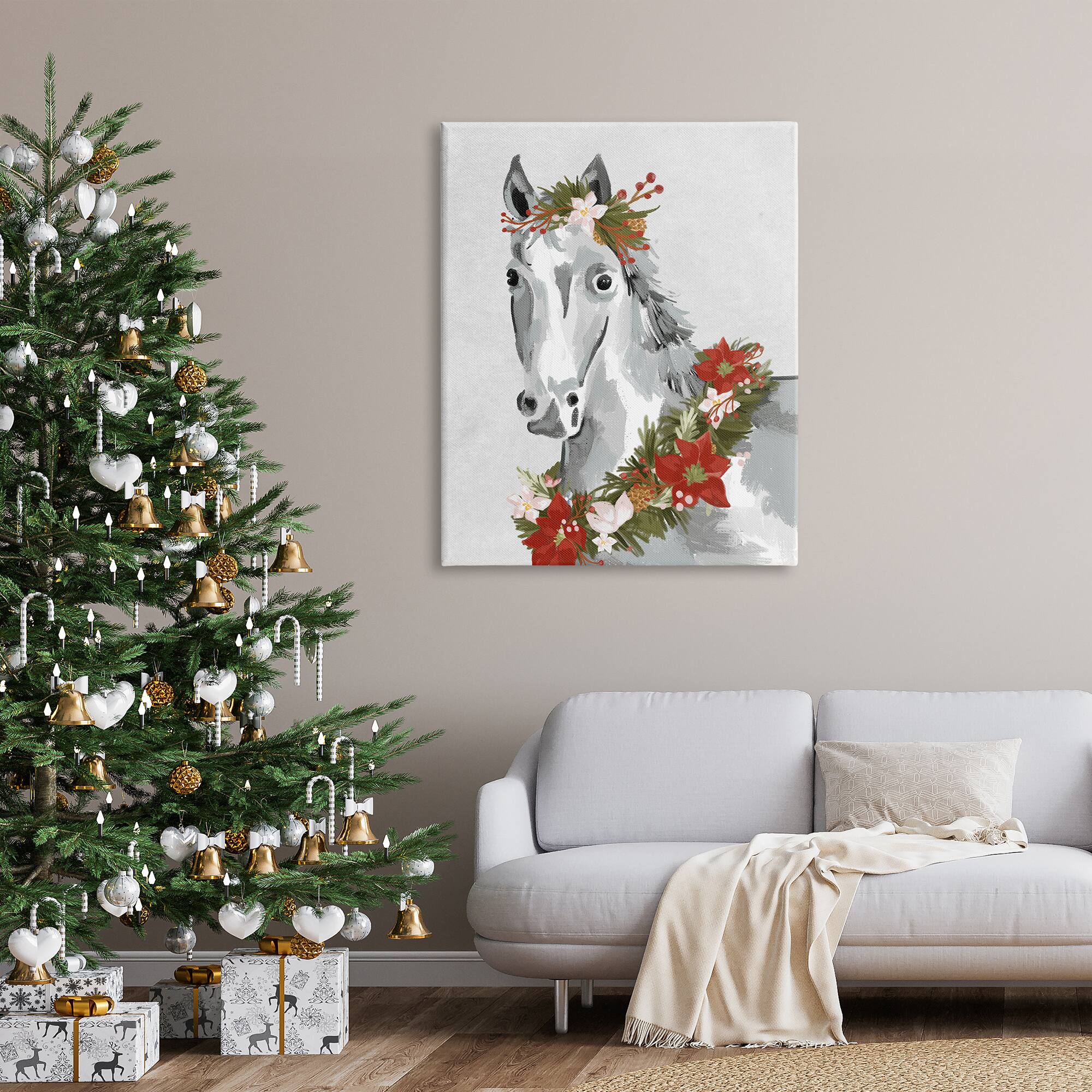 Stupell Industries Festive Holiday Horse Holly Wreath Canvas Wall Art