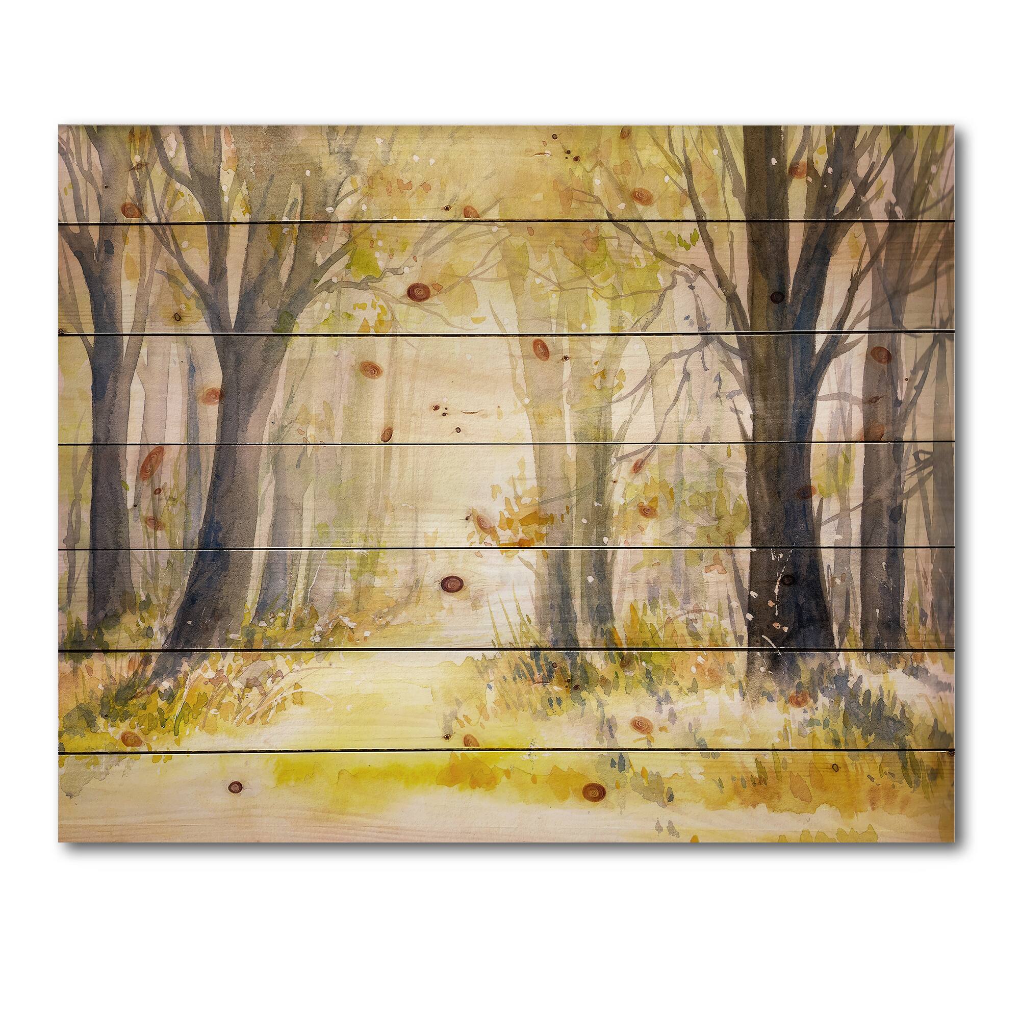 Designart - Bright Sunshine Through The Forest Trees I - Traditional Print on Natural Pine Wood
