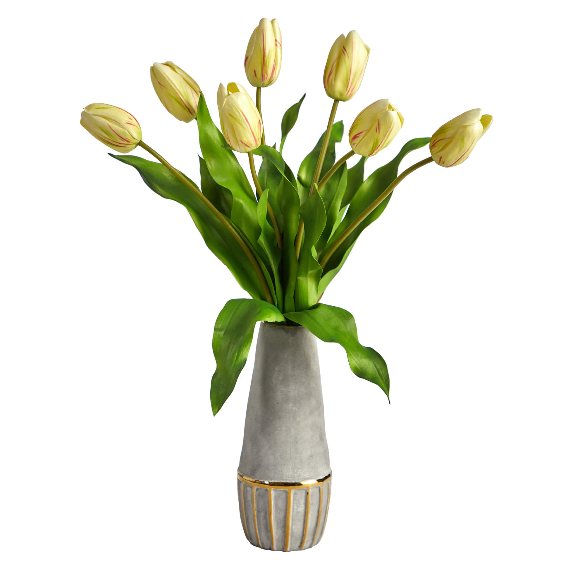 22" Yellow-Red Dutch Tulip Arrangement in Gold Trim Stoneware Vase