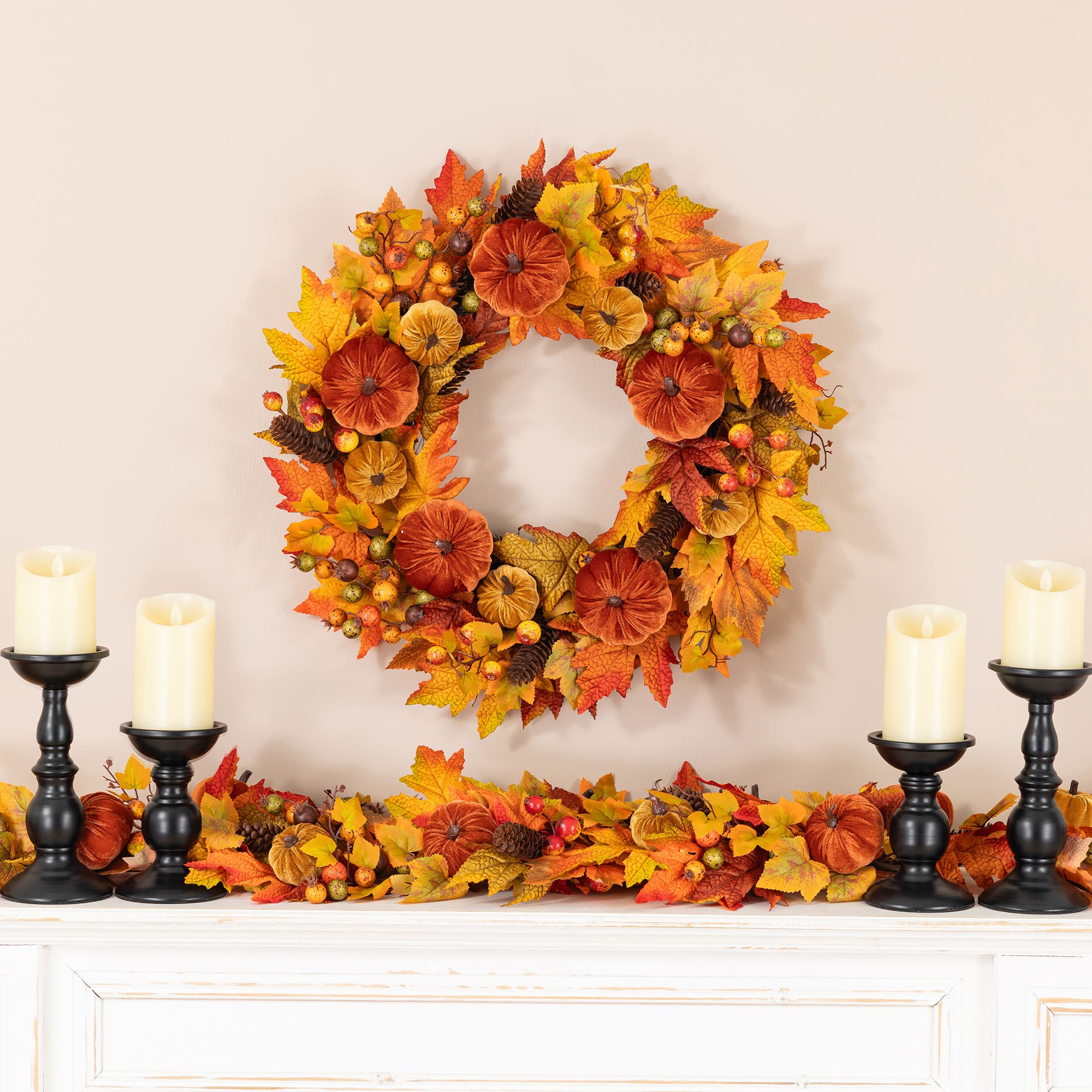 Glitzhome® 24" Fall Velvet Pumpkin, Pinecone & Berry Wreath with Black Metal Wreath Hanger