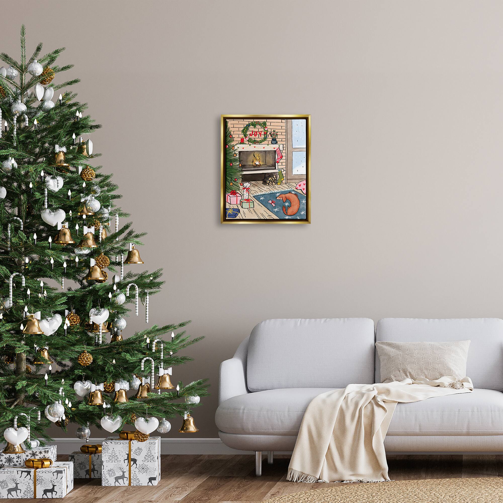 Stupell Industries Cozy Christmas Fireplace Tree Framed Floater Canvas Wall Art