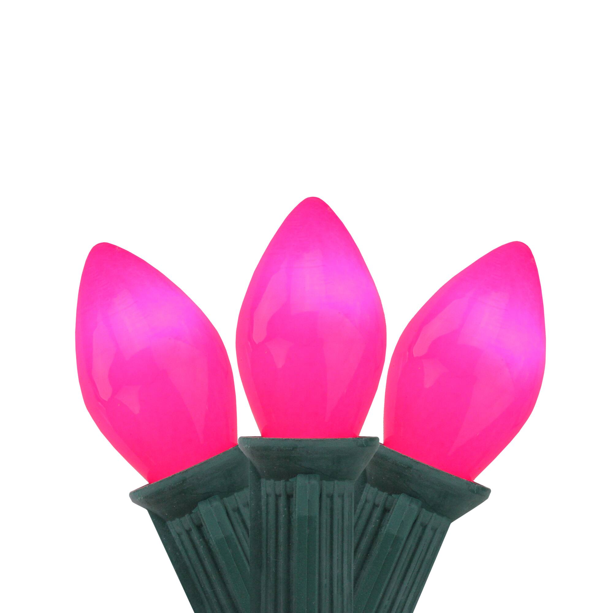 Northlight Set of 25 Opaque Pink Purple C7 Christmas Lights 12" Spacing - Green Wire - Pink