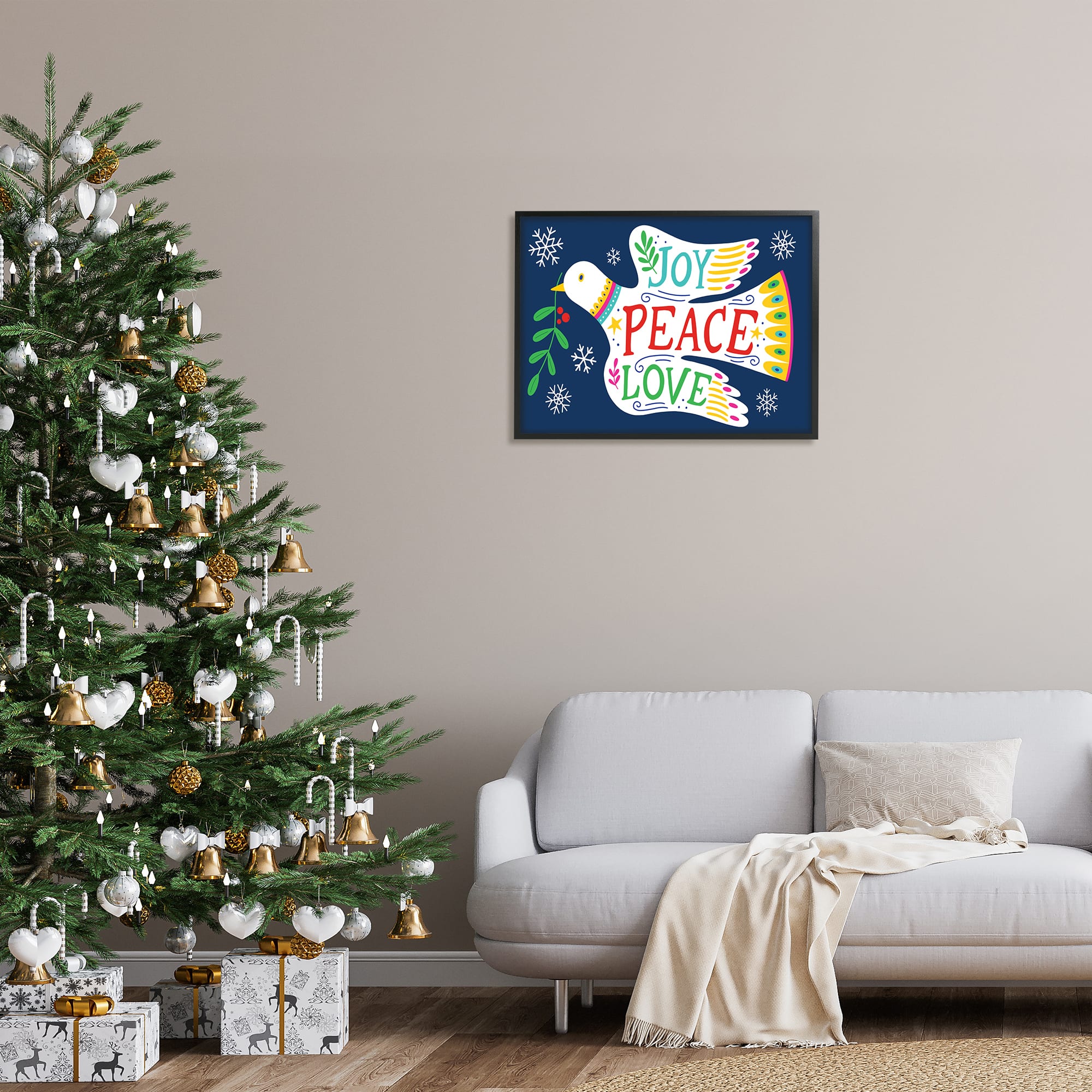 Stupell Industries Joy Peace Love Dove Holly Sprig Framed Giclee Art