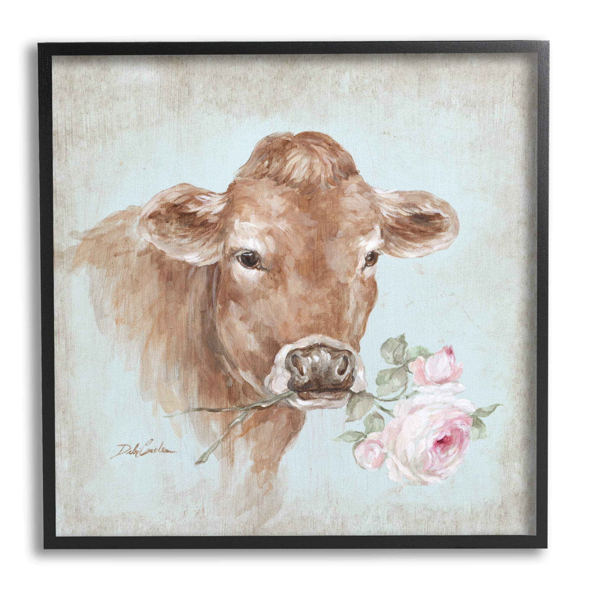 Stupell Industries Traditional Farm Cow Pink Rose Rustic Farmhouse Framed Wall Art
