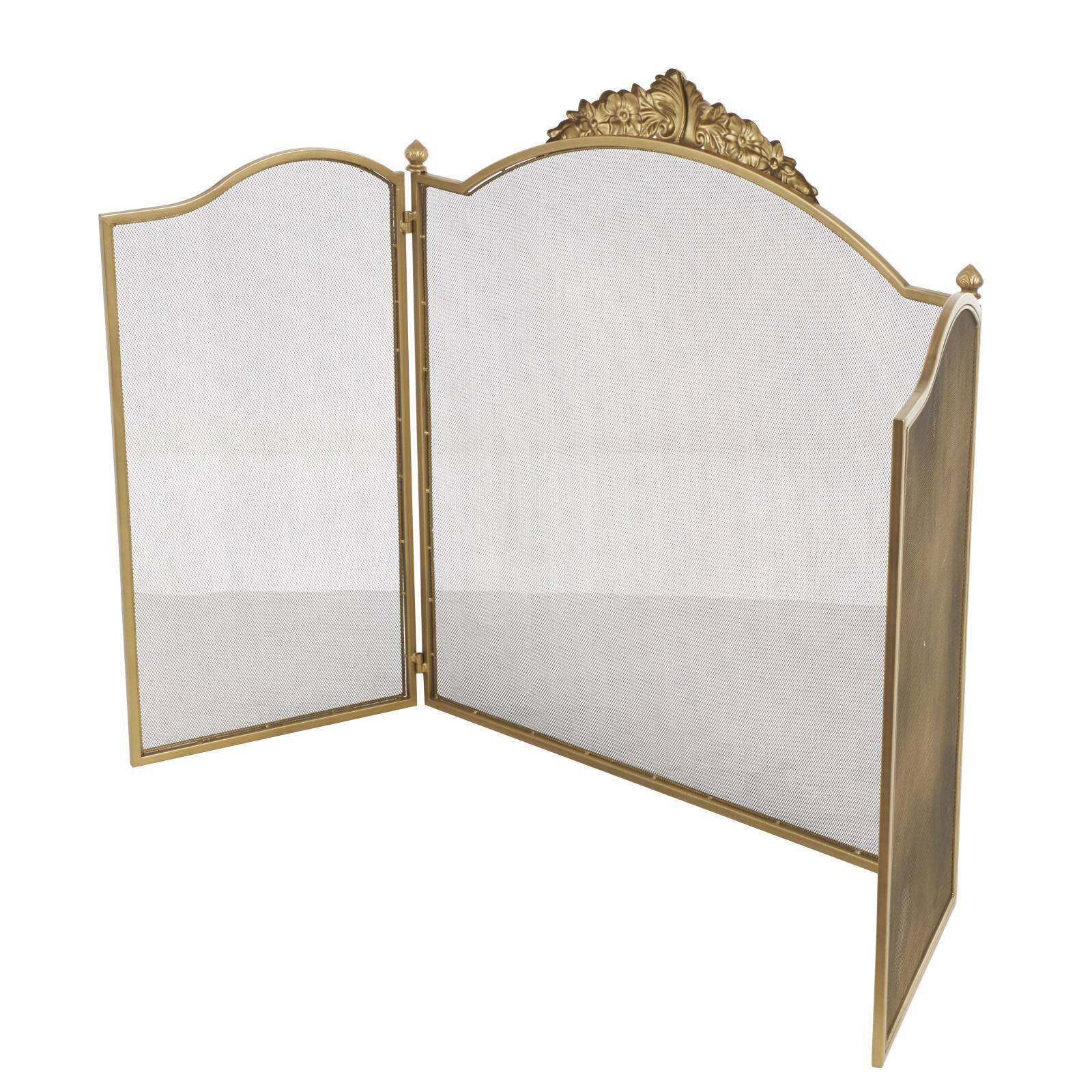 29" x 14" x 30" Gold Metal Floral Ornate Antique Arched 3 Panel Living Room Fireplace Screen with Finial Accents